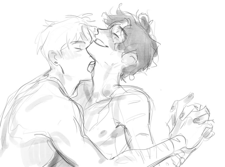 a sketch shows two men kissing passionately. one man has short, lightcolored hair and is partially openmouthed. the other man has curly, darker hair and his eyes are closed in enjoyment. they are holding hands and embracing intimately, suggesting a romantic or passionate relationship. they appear to be barechested. the style is a loose, sketchlike drawing.