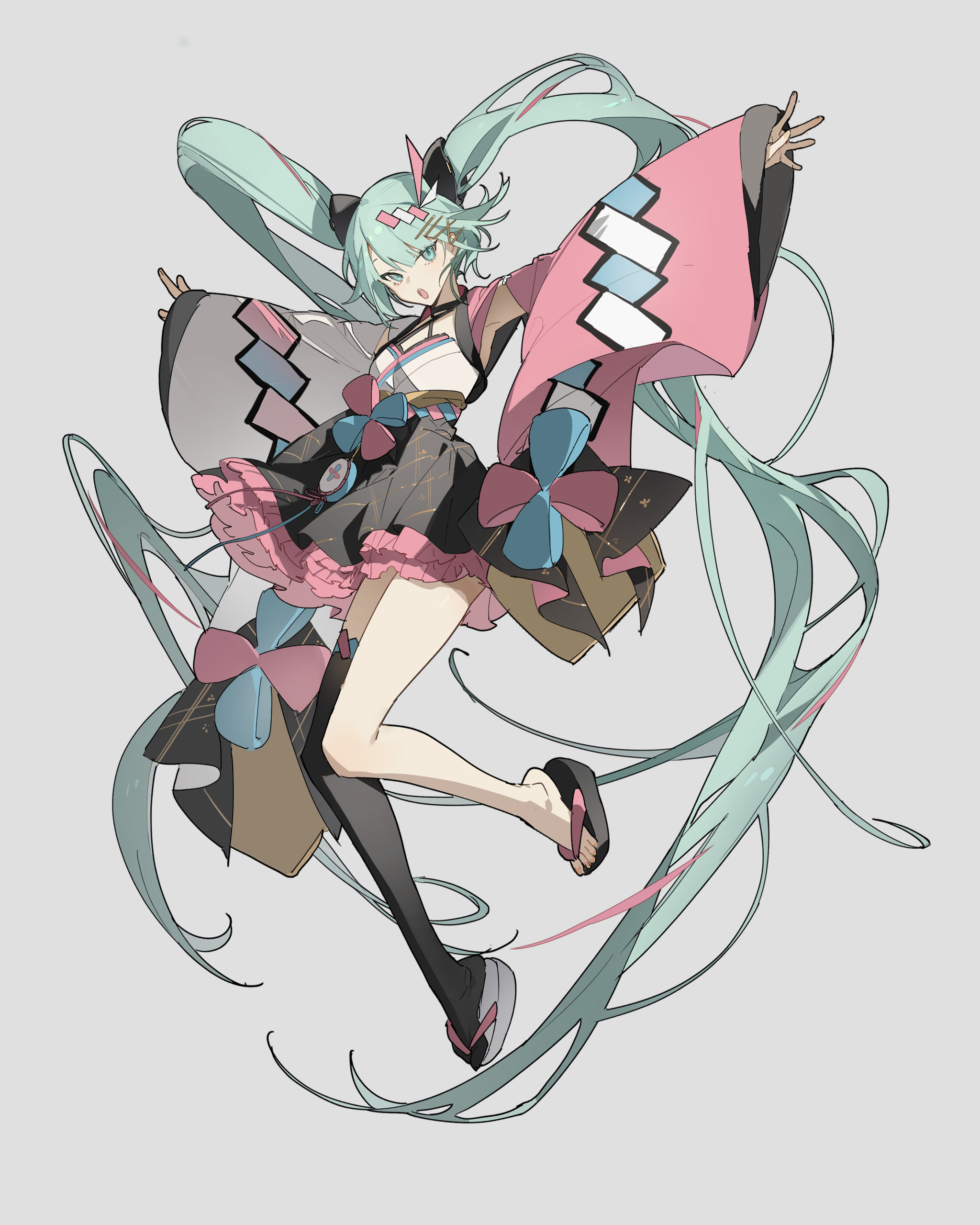 the image shows a fullbody anime/manga style illustration of hatsune miku, a virtual idol from vocaloid. she is depicted as a young girl with long, turquoise twintails and bright blue eyes. she is wearing a short, stylized kimonostyle dress with a pink and white patterned top, a black skirt with pink ruffles, and various ribbons and embellishments. she is jumping in a dynamic pose with her arms outstretched and one leg forward. she is wearing sandals and has bare feet. her twintails flow around her, adding to the sense of motion. the background is a solid light gray.