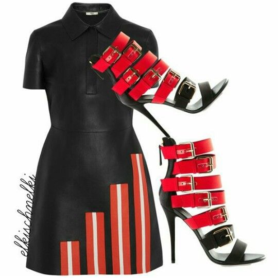 a black dress with red and white striped design at the bottom is positioned next to a pair of black and red highheeled sandals with multiple buckle straps.