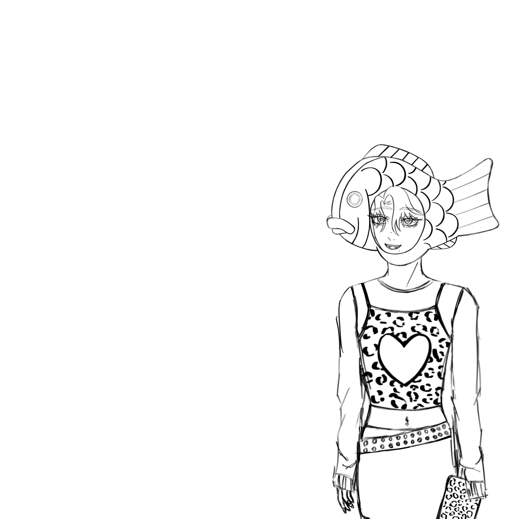 a drawing of a girl with a fish head on. she is wearing a leopard print tank top over a long sleeve shirt, a skirt, and a belt. she is also carrying a leopard print purse.