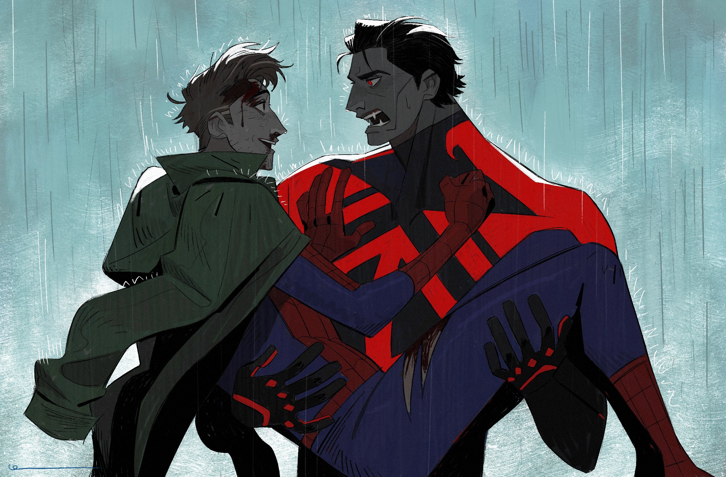 a digital painting of two men standing in the rain. the man on the left is wearing a green hooded cloak and has a bandage on his forehead. he is looking worried and distressed. the man on the right is wearing a red and black suit and has his arm around the man on the left. he has a mask on his face and his expression is intense. the background is a blurred blue and gray, suggesting a stormy sky.  they appear to be close and are embracing each other. they are in a dynamic and dramatic pose, suggesting a fight or a moment of great intensity. the use of vibrant colors and contrasting light and shadow add to the emotional impact of the piece. the man on the right is injured with a bleeding wound on his leg.