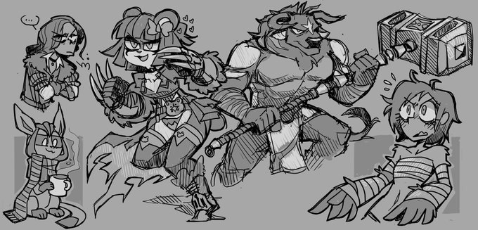 a scanned pencil sketch of four fantasy characters and a creature. there is a girl with glasses, a cat girl with claws, a minotaur holding a mace, a startledlooking character wrapped in bandages, and a kangaroo drinking from a mug.