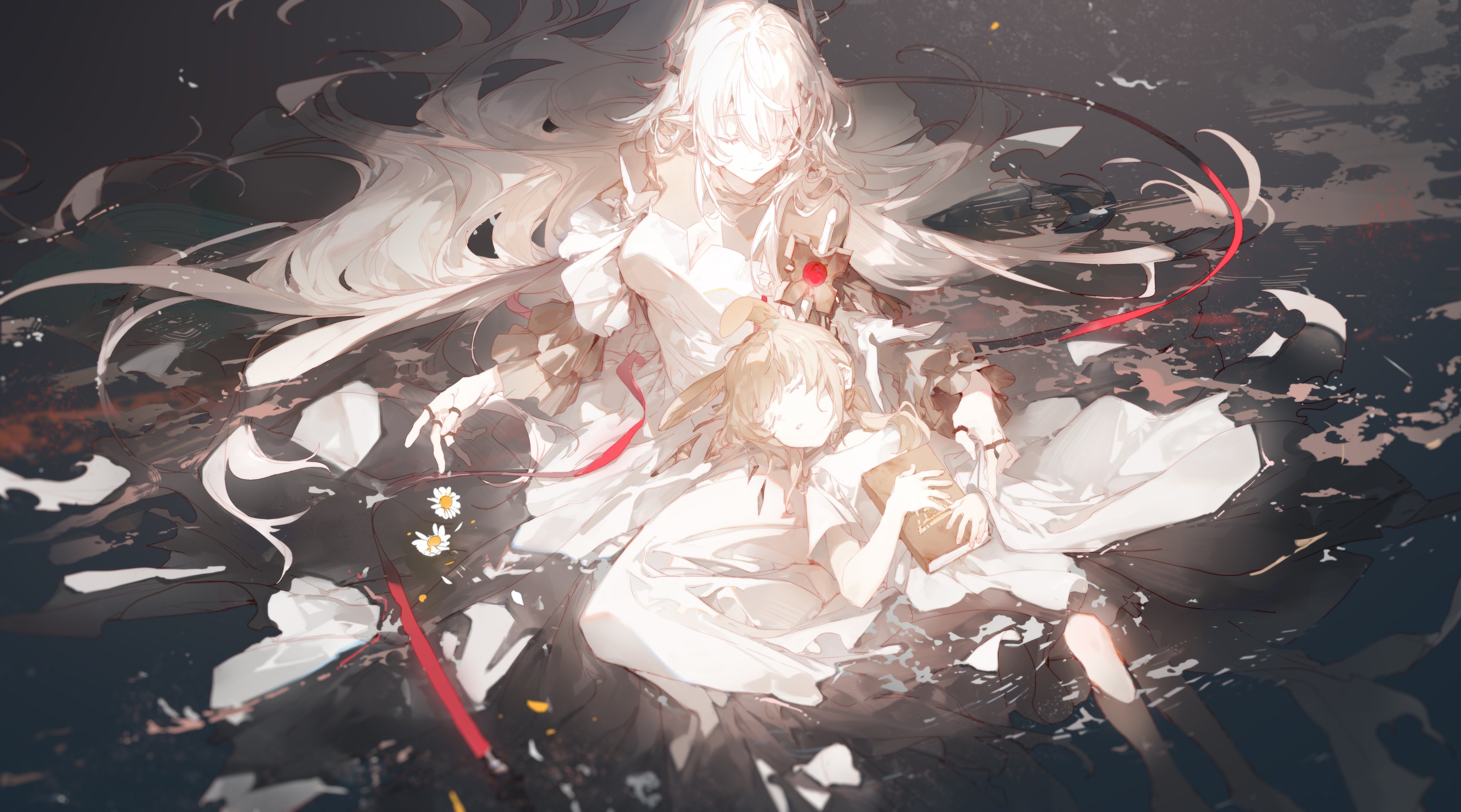 an animestyle illustration features two figures in a fantasy setting. a woman with long, flowing white hair and wearing a white dress is positioned above a child. the child, also dressed in white, sits below her and holds a book. both figures lack visible facial features, creating an ethereal effect. the background is dark and abstract, resembling water, with hints of red and white. white flowers add to the scene's fantasy element. a red ribbon is draped around the woman's neck.