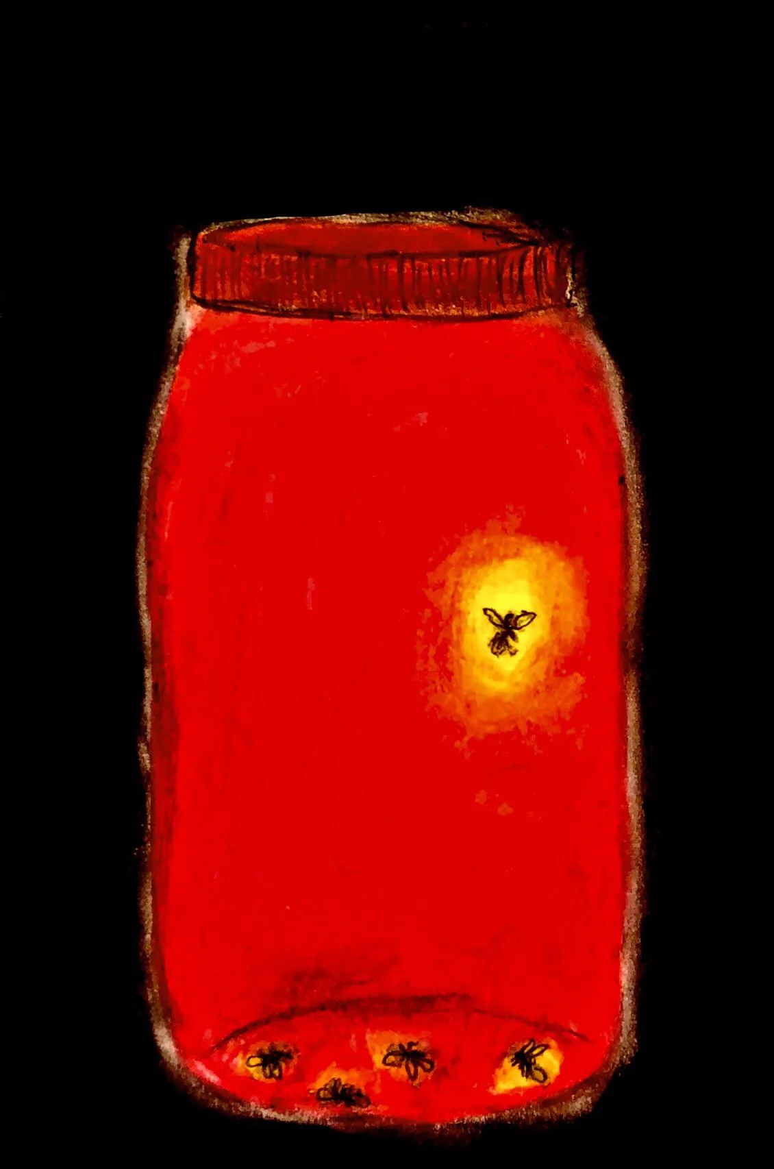 the image is a whimsical illustration or painting of a red jar filled with fireflies. the jar is depicted in a childlike style, with slightly uneven lines and a textured appearance, suggesting it might be created with crayons or watercolors.  the fireflies glow softly inside the jar, their light illuminating the interior with a warm orange and yellow glow. the background is entirely black, providing a stark contrast to the bright red of the jar. the overall style is simple yet evocative, potentially suggesting a nostalgic feeling of childhood summers and capturing fireflies.