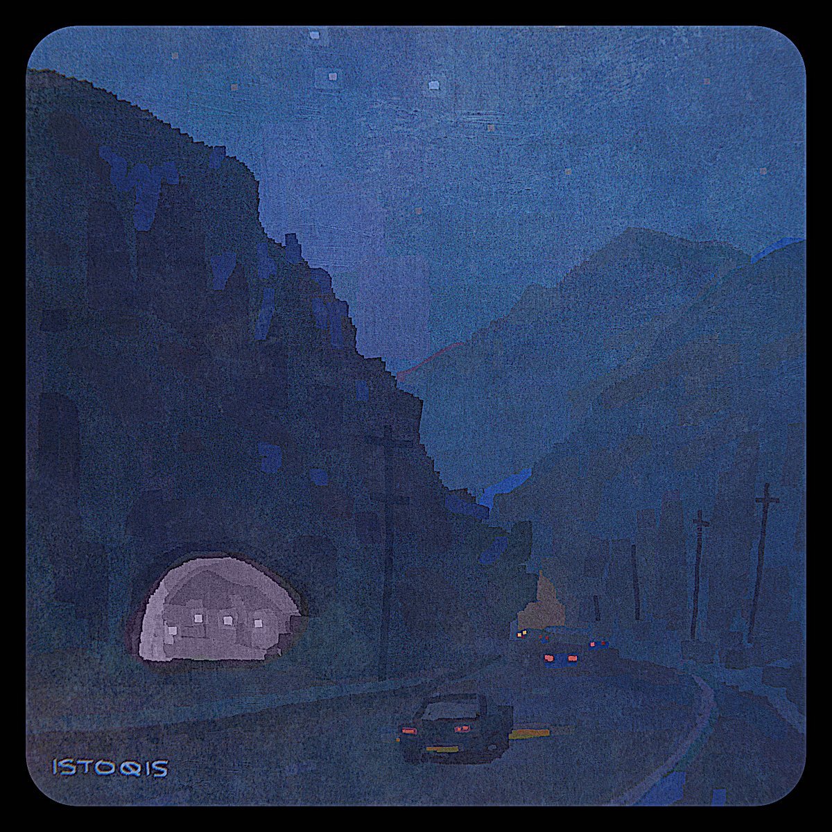 this is a stylized, almost abstract landscape painting of a mountain road at night. a dark, looming mountain dominates the left side of the image, its face obscured in shadow. a tunnel, illuminated from within, pierces its base. a lone car, headlights gleaming, drives towards the viewer on the winding road that snakes along the mountain's edge. the faint glow of taillights indicates other vehicles disappearing into the distance. the rest of the scene is shrouded in a deep, blueish night, punctuated only by the faintest suggestion of stars.