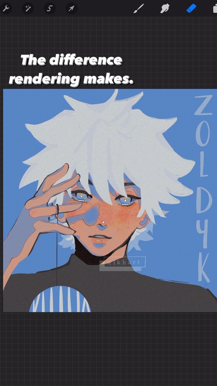 the image is a digital illustration of a young man with white hair. he's styled in an anime or mangalike fashion, with large expressive eyes and soft features. the background is a simple, solid blue. the artwork is titled "zoldyck" vertically to the right. a text at the top says, "the difference rendering makes".  the artist's signature or watermark "ikkbart" appears on the character's chest. the overall aesthetic is soft and slightly dreamy. the style leans toward stylized realism, where shapes are simplified but details like blush and the way light hits the hair remain. the image is framed within a digital art program interface.