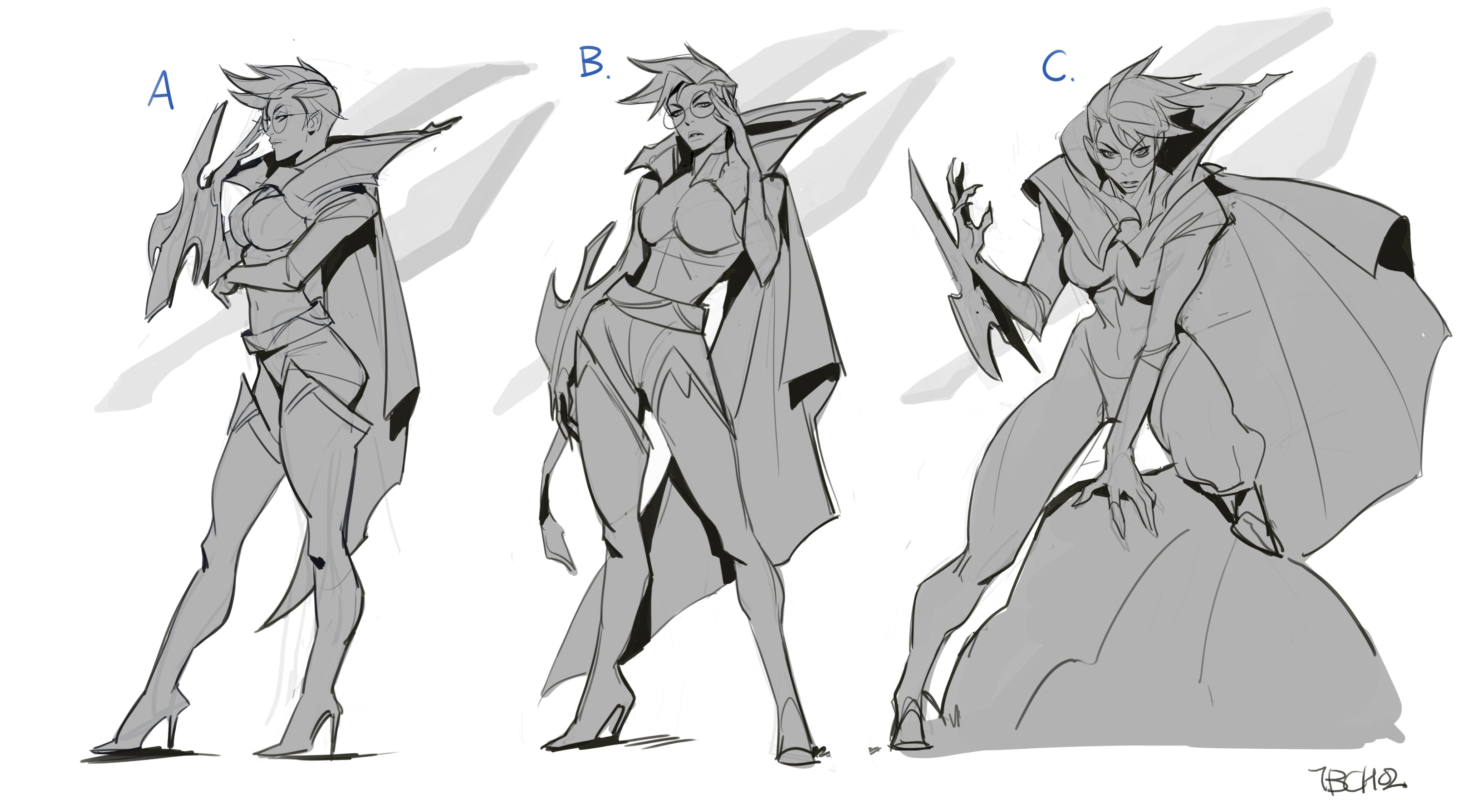he image contains three grayscale sketches of a female character design, labeled a, b, and c.  each sketch shows the character in a slightly different pose and with subtle variations in clothing and weapon details.  the character is depicted as a strong, stylized female figure wearing a cape and what appears to be a fantasystyle weapon. the style is dynamic and expressive, typical of concept art for video games or animation. the sketches focus on the character's silhouette and posture, suggesting different possible interpretations of the character.