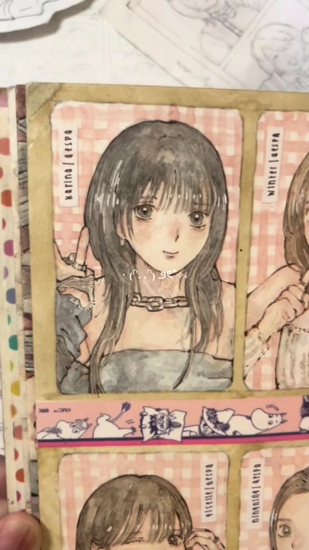 this is an illustration of a group of anime girls drawn in a cute style. they are all smiling and appear to be friends. the image is drawn in a soft, pastel color palette and is overall very sweet.