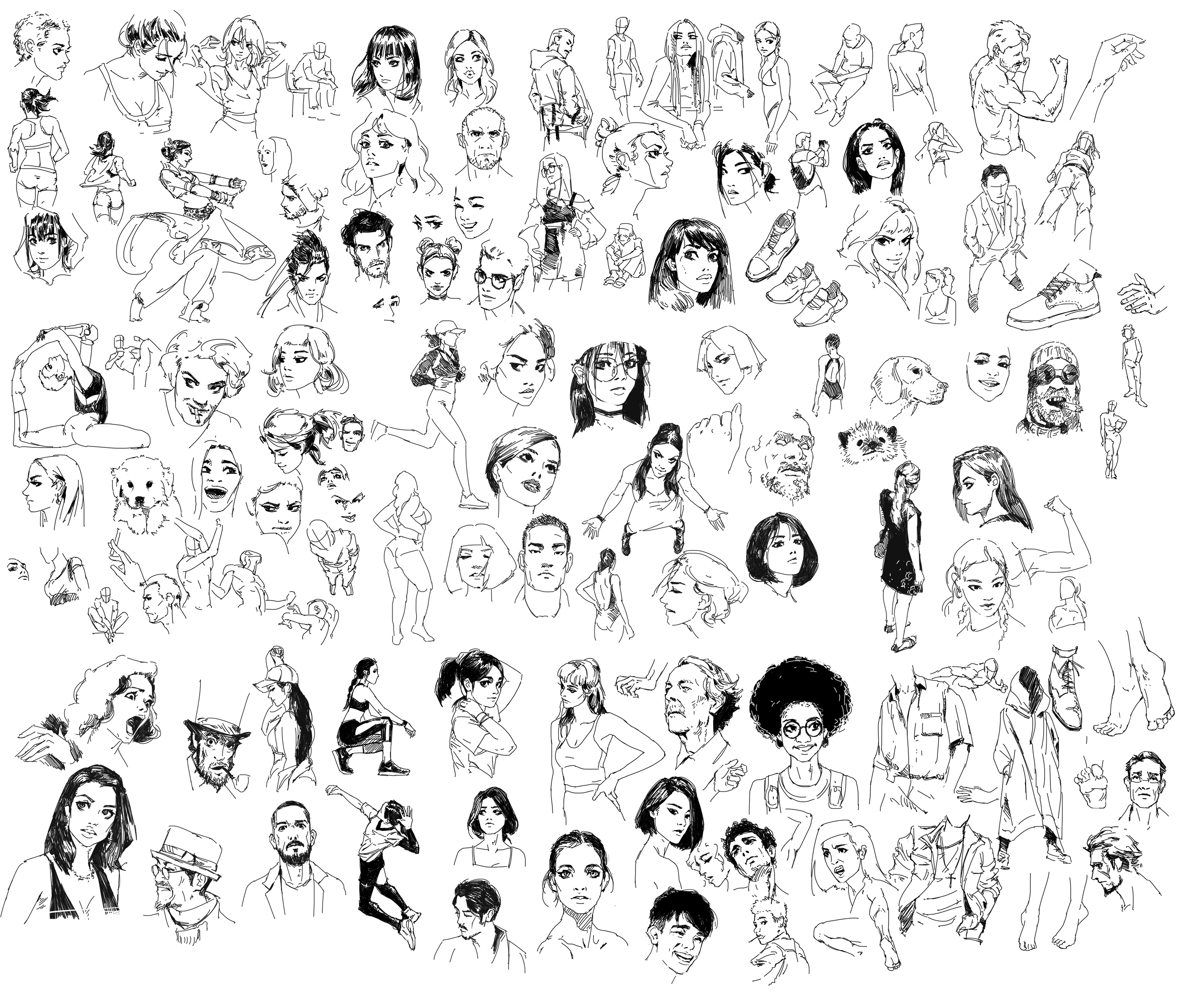 he image is a large collection of quick sketches and drawings of diverse people in various poses and expressions. the style is loose and expressive, using primarily line work in black and white. the sketches include both full body figures and portraits, and range in style from detailed to very loose and gestural. there's a wide variety of hairstyles, clothing, and facial features depicted. the overall impression is one of dynamism and spontaneous creativity.