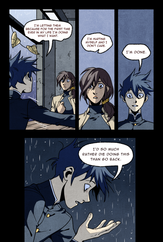 a threepanel comic depicts a tense and emotional scene in the rain. two men and a woman stand on a city street at night, rain pouring around them. the first panel shows the woman facing away from the men, her expression pained. one man, with dark hair and a determined look, speaks to her, expressing that he's finally doing what he wants. in the second panel, the woman's face is shown closeup, her expression filled with anguish as she states she's hurting herself but doesn't care. the final panel shows the other man, also with dark hair, looking down at his outstretched hand as rain falls. he's visibly distressed and says he'd rather die than go back to whatever situation they're escaping. the scene is dark and somber, with the rain emphasizing the characters' emotional turmoil.