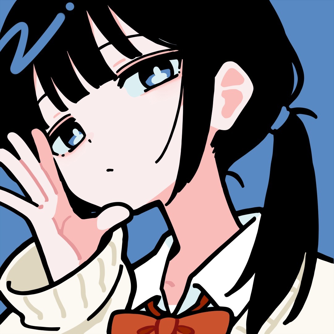 he image is a closeup illustration of an animestyle girl. she has long black hair styled in a ponytail, large blue eyes, and is wearing a school uniform with a red bow tie. her expression is calm and gentle, and she is waving her hand. the art style is simple and minimalist, with bold outlines and flat, pastelcolored shading. the overall mood is sweet and charming.
