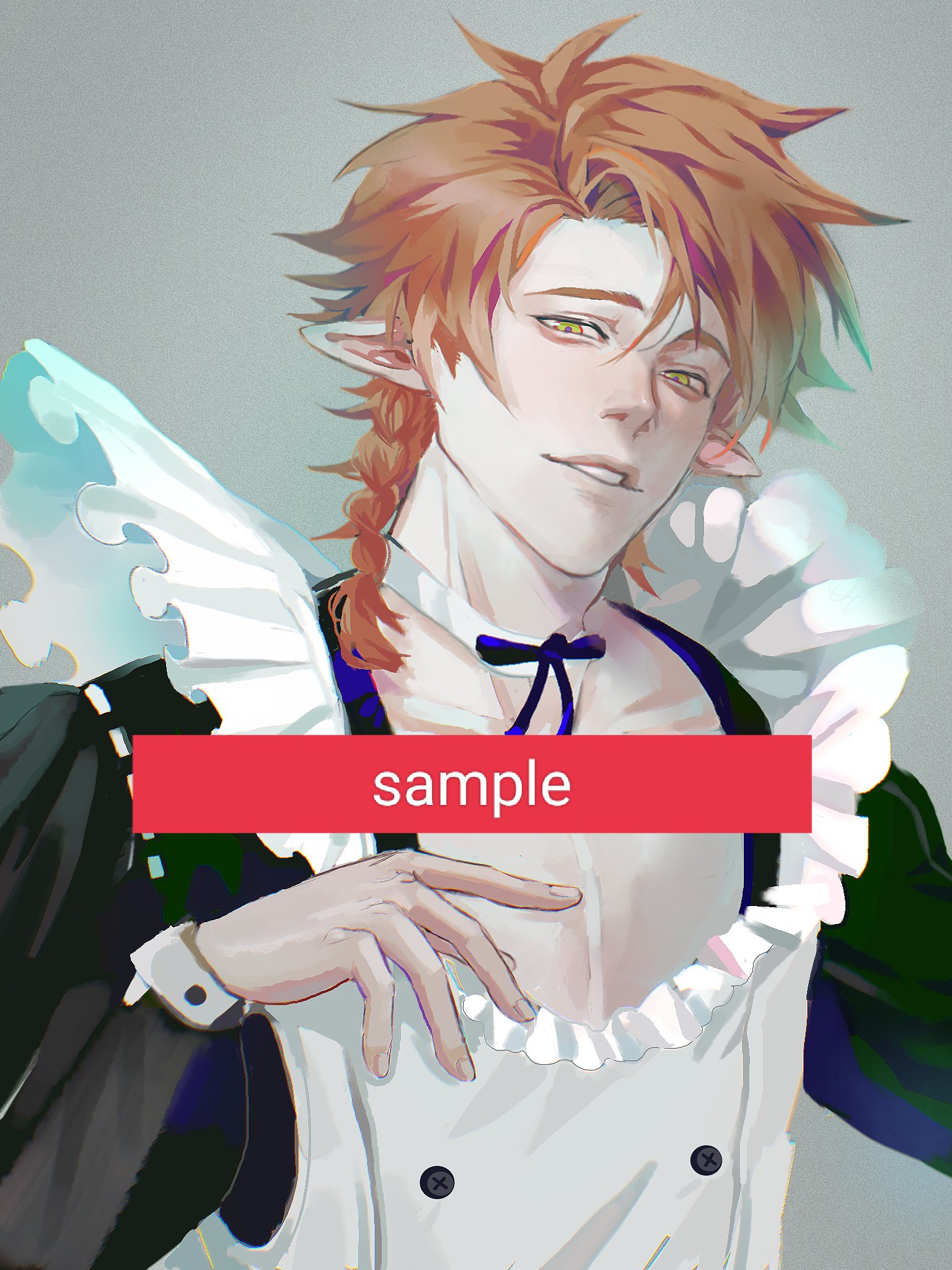 this is an animestyle illustration of a handsome male character dressed as a maid, with red hair and yellow eyes. he's wearing a white apron with ruffled edges and a black bow tie. he's smiling and posing for the camera, seemingly very confident. the background is a simple grey, giving more focus to the character. the artwork is done in a digital style with a soft, pastel color palette.