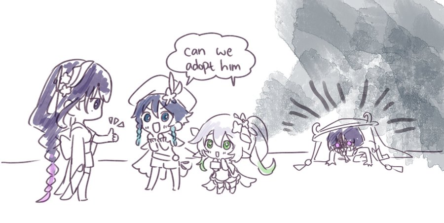 the image is a cartoon drawing of four anime characters. there are three girls and one boy. the girls are smiling and the boy is hiding. the girls are asking if they can adopt the boy. the drawing is in a cute and whimsical style.