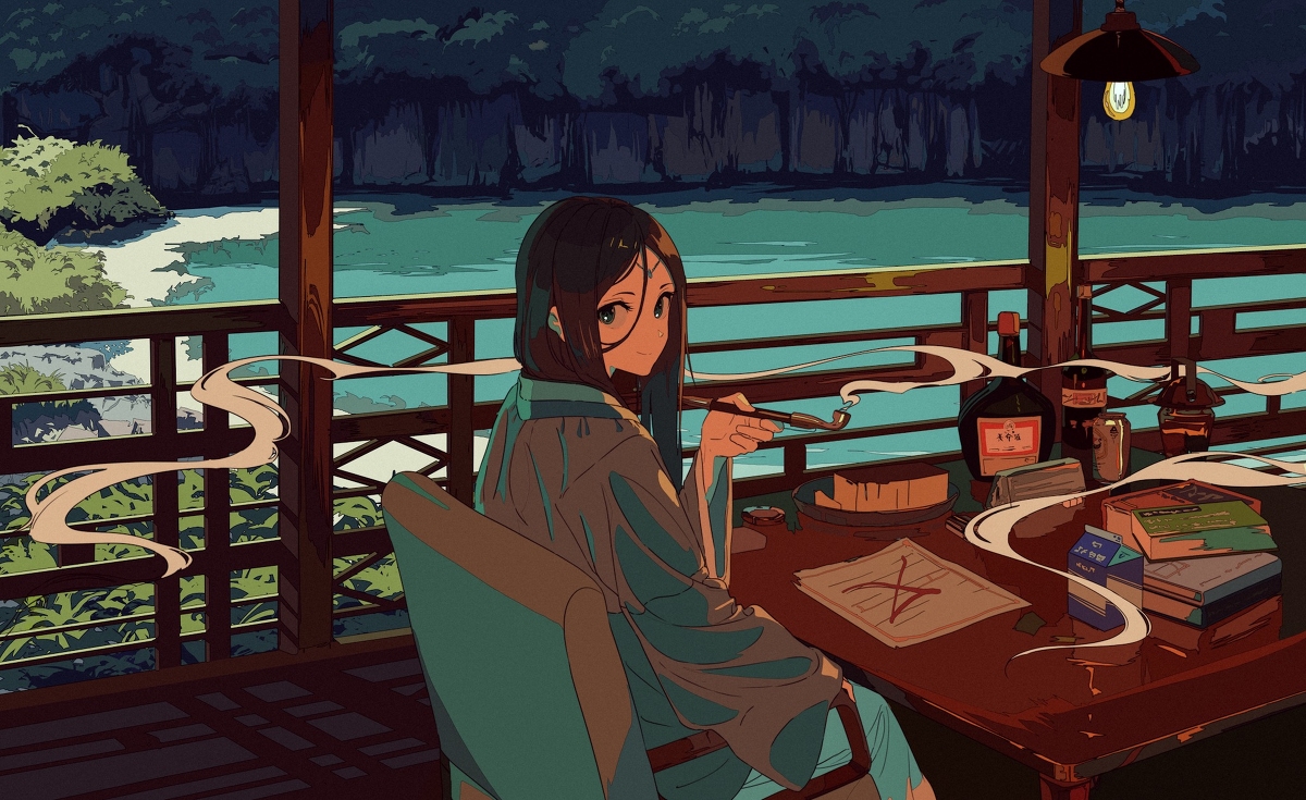 the image is a digital painting depicting an animestyle young woman with long brown hair sitting on a wooden deck overlooking a tranquil river at night.  she's dressed in a light beige kimonolike robe and is holding a pipe, exhaling smoke. the scene is serene and peaceful, with a warm light from a hanging lantern. a table beside her is cluttered with books, papers (one marked with an x), and bottles of what appears to be alcohol. the overall style is artistic and evocative, with a focus on atmosphere and detail. the background shows lush greenery and a dark forest beyond the river.