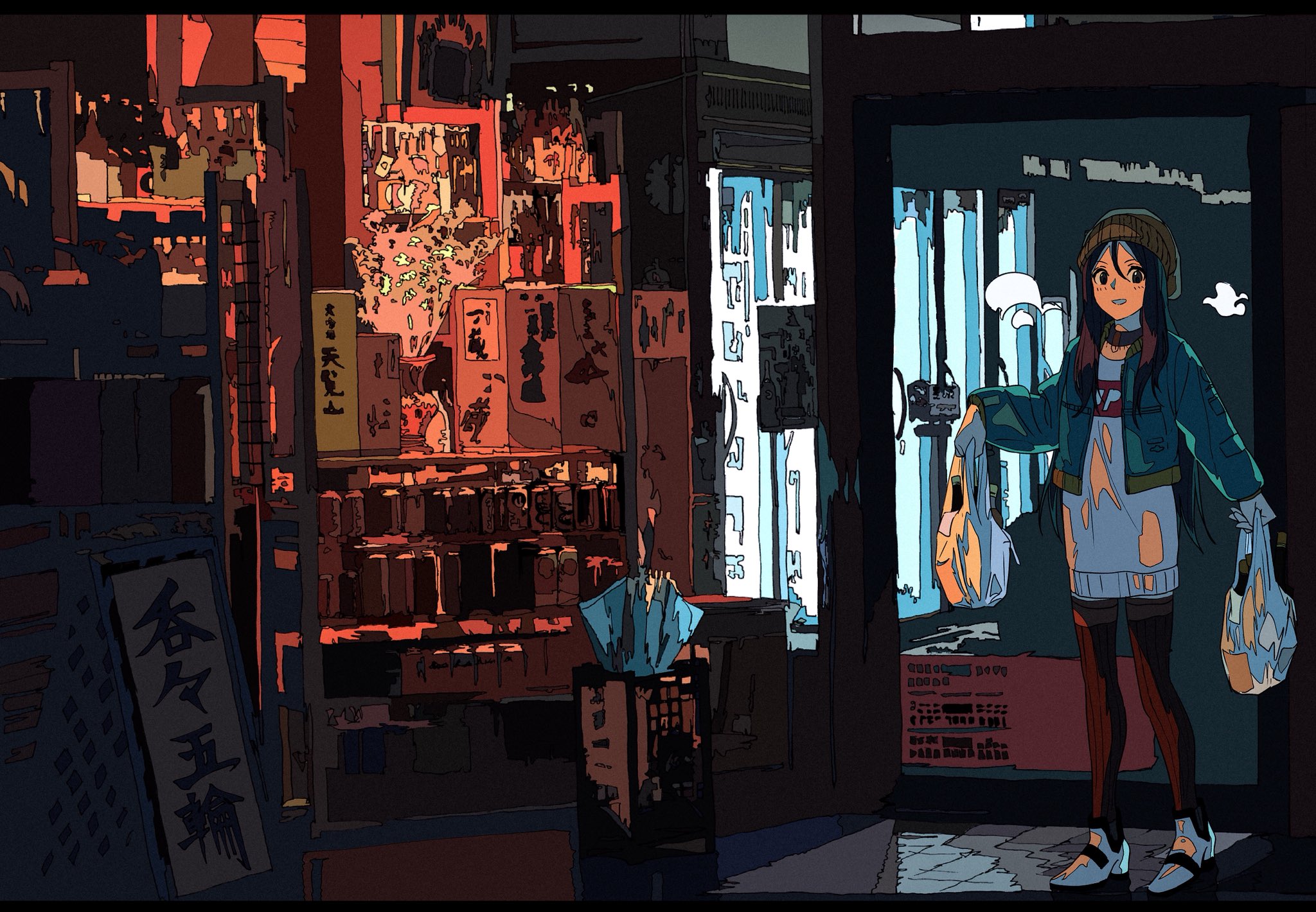 the illustration is a digital painting in a vibrant anime style depicting a young anime girl with long dark hair, wearing a teal jacket, a white sweater, and tights, stepping out of a brightly lit convenience store at night. she carries several shopping bags. the store itself is a cluttered and richly detailed scene with shelves full of various products, reminiscent of a small japanese store. the overall ambiance is a blend of warm lighting from within the shop and cooler neon lights outside, creating a striking contrast against the dark urban backdrop.  the girl's expression is calm and she seems to be in a contemplative or relaxed mood. the background is a very detailed representation of a city street at night, showing various signs and posters adding to the scene's atmosphere.