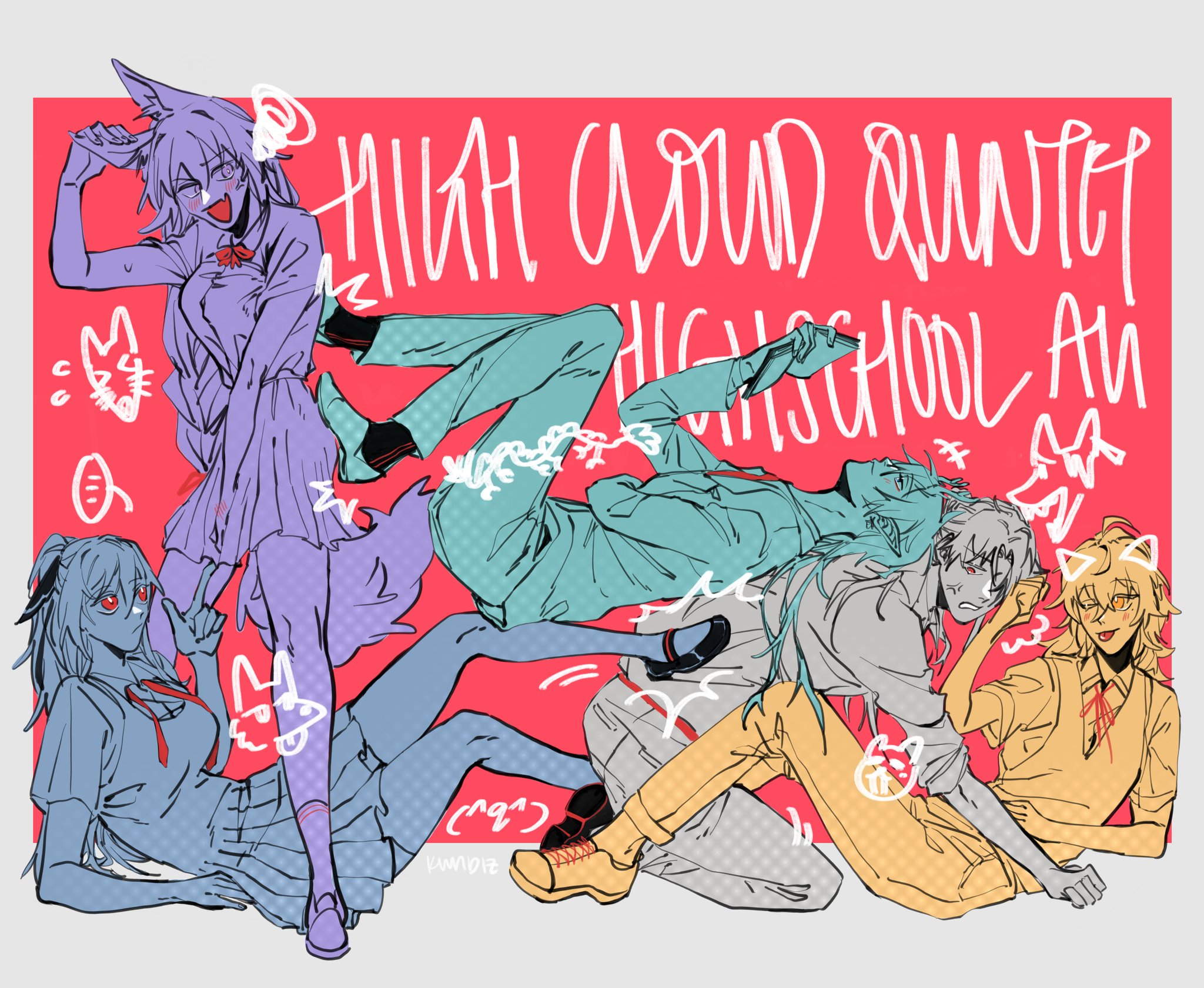 the image is a colorful and vibrant depiction of a group of anime characters. there are five individuals in total, with a pink background behind them. the characters are all dressed in casual clothing, including school uniforms. there are also some animal ears present, like wolf ears and cat ears. the background has the words “cloud winter high school au” in white text. the group of friends seems to be having a good time together and they all look happy and relaxed. the image is set in a high school environment, and the characters appear to be enjoying their time together. the overall style of the image is bright and lively, with the characters’ expressions and poses reflecting their playful personalities.  the overall tone of the image is happy and cheerful.