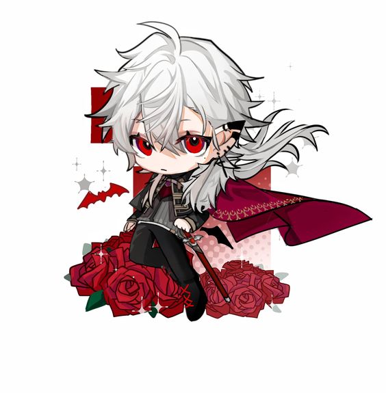 the image features a chibistyle illustration of a young vampire boy. he has striking red eyes, long flowing white hair, and pointed elflike ears. he's dressed in an elegant black and red outfit, which includes a long, flowing cape with intricate gold designs. he holds a silver sword in his hand, resting it on the bed of red roses below. the background is predominantly white, with subtle star and bat motifs adding to the fantasy theme. the overall aesthetic is a blend of cute and gothic, appealing to fans of anime and vampire lore.