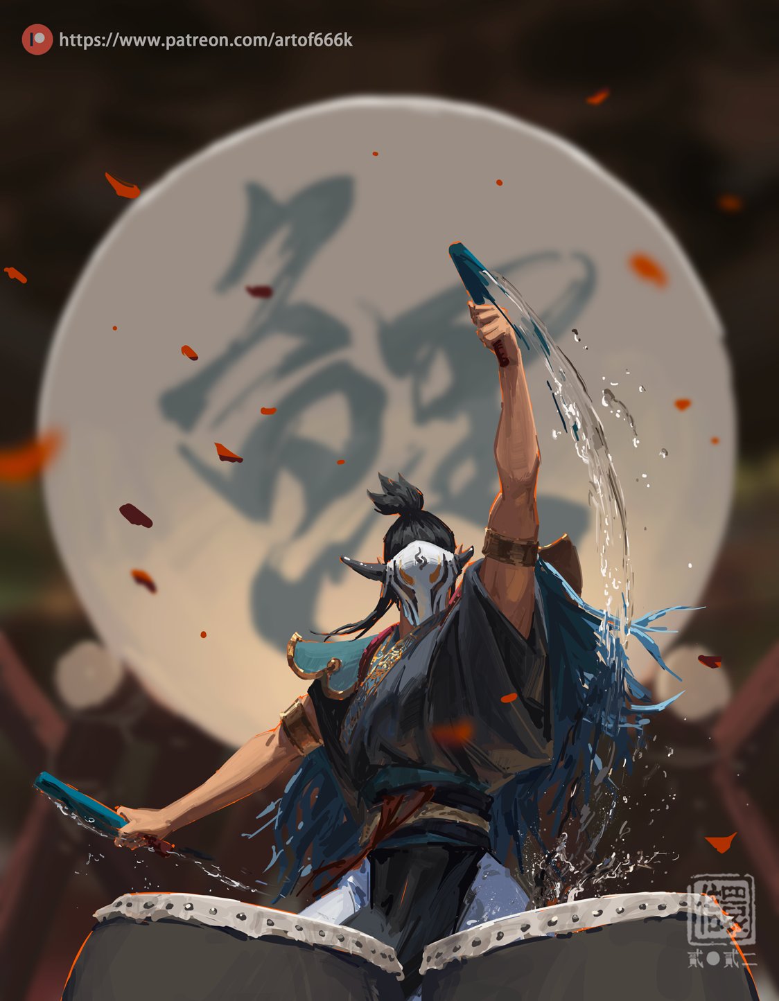 the digital painting depicts a dynamic figure, possibly a warrior or performer,  dressed in traditional asianinspired clothing. they are playing a large taiko drum, with water splashing from the drumsticks, suggesting a powerful and energetic performance. the character wears a distinctive mask and is surrounded by red petals falling against a backdrop featuring a large, pale circle with stylized chinese calligraphy. the overall style is highly stylized and painterly, with visible brushstrokes and a strong emphasis on movement and energy. the image's mood is dramatic and visually arresting.