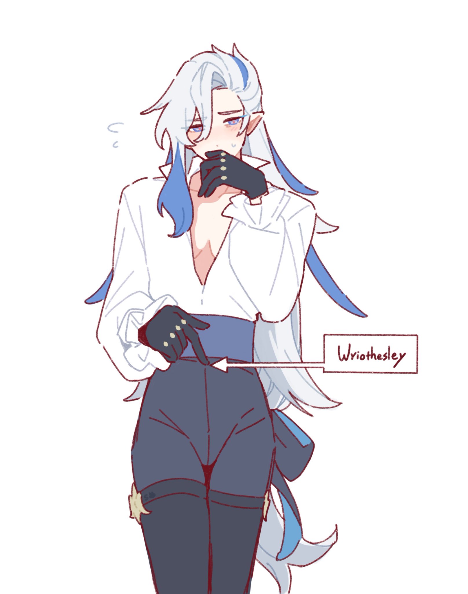 the image is a digital fanart depicting wriothesley, a character from the game genshin impact. he is portrayed as a slender young man with long white hair streaked with blue.  he's dressed in an elegant outfit consisting of a loose white shirt, partially unbuttoned to reveal his chest, dark pants, and black gloves.  a portion of his outfit appears to be a dark sash or belt. his expression is one of slight embarrassment or shyness, with his hands near his mouth. the art style is soft and slightly stylized, typical of anime or mangainspired illustrations.  a small label clearly identifies him as “wriothesley”. the overall tone is gentle and aesthetically pleasing.