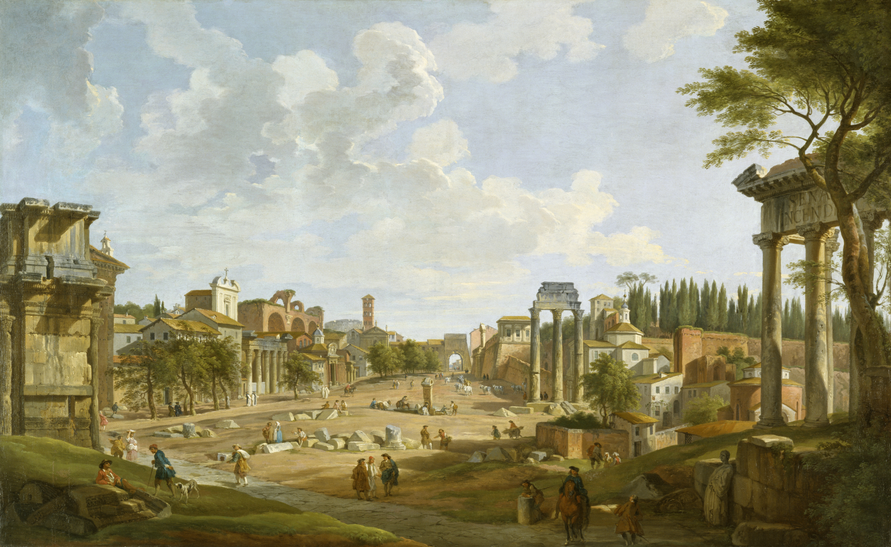 this painting depicts a panoramic view of the roman forum in ancient rome. the scene is filled with various architectural ruins, including columns, arches, and partial structures. several people are scattered throughout the landscape, some conversing, others walking or riding horses. the sky is partly cloudy, and trees frame the edges of the scene. the overall impression is one of a historical landscape with a mix of nature and ancient civilization.