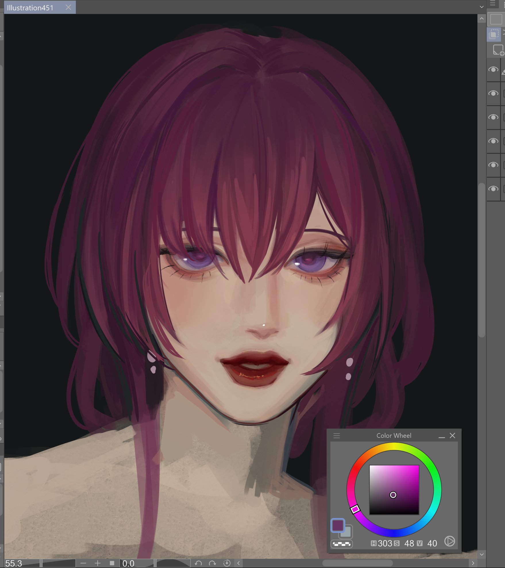 a digital illustration of an anime girl with purple hair and red lips. she is looking at the camera with a slight smile. there is a color wheel in the lower right corner of the image. the color wheel is showing a range of purple colors. the image is a closeup of the girl's face and hair.