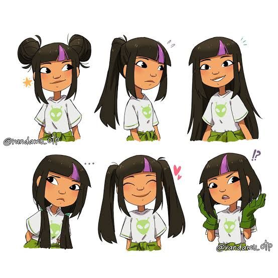 the image showcases a collection of cartoon girl character designs, possibly for stickers or emojis. the girl has various hairstyles, including twin buns, a high ponytail, and pigtails, and each design shows her with a different facial expression, ranging from happy and surprised to slightly annoyed or confused. the characters consistently wear a light green shortsleeved shirt with a small green alien design and olive green pants/skirt.  the art style is cute and slightly animeinspired, with clean lines and pastel colors.  the style is consistent throughout the images, suggesting a cohesive character design set.