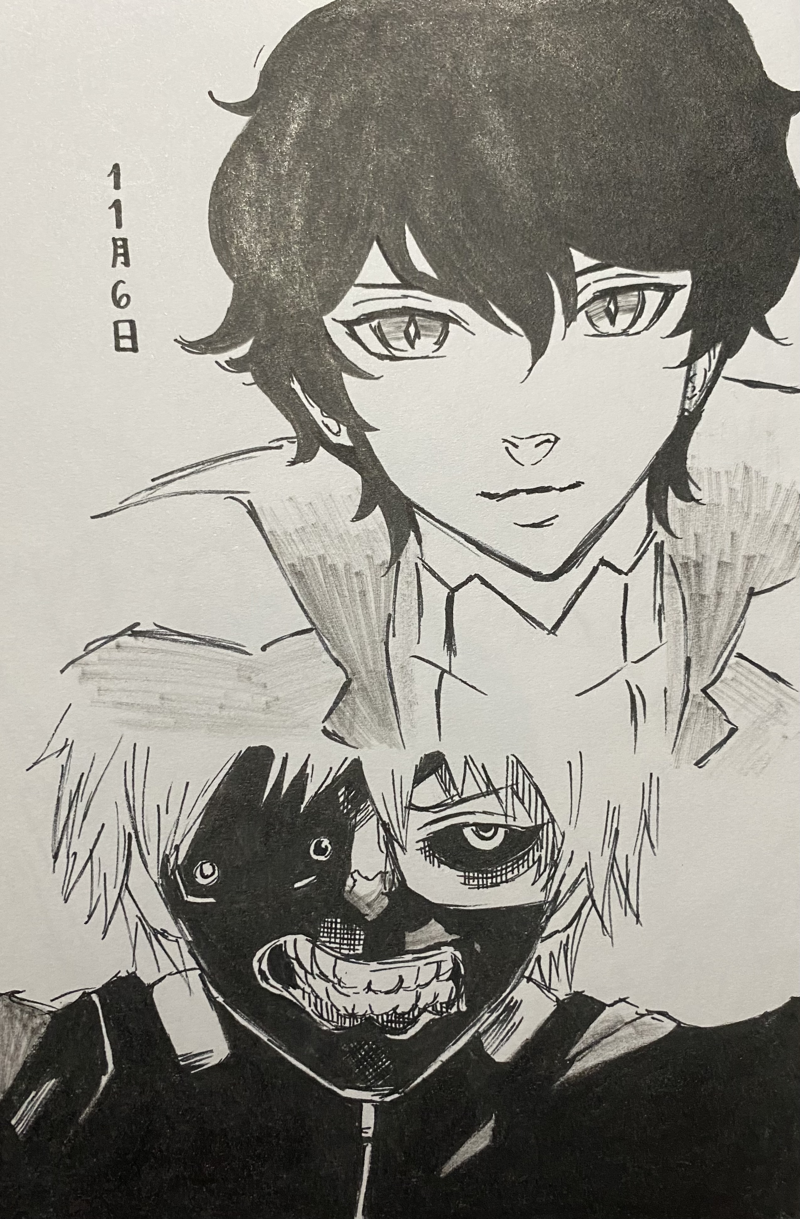 he image is a black and white pen and ink drawing featuring two animestyle characters. the character in the foreground is ken kaneki from tokyo ghoul, recognizable by his mask and hair. he appears to be superimposed or layered over a second character, who is likely hideyoshi nagachika, a friend of kaneki's. the style is reminiscent of manga artwork, with dynamic line work and strong contrasts in shading. the top character is calmer, while the character in the foreground shows a fierce and intense expression. a date "11月6日" (november 6th) is written in the top left corner, suggesting it might be fan art created on that day. the overall mood is dark and dramatic, reflecting the themes often associated with the tokyo ghoul series.