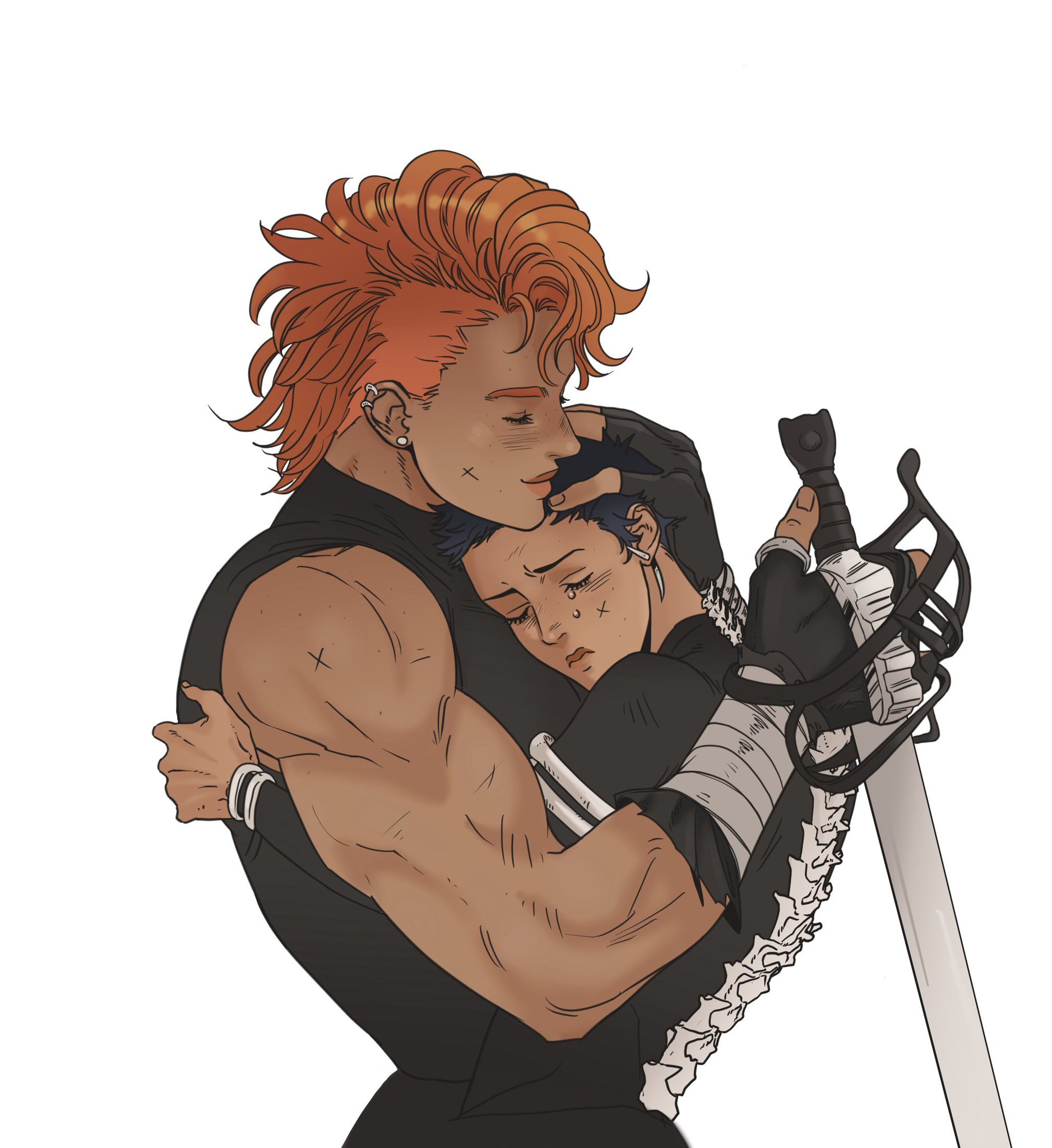 a drawing shows a muscular woman with orange hair hugging a shorter woman with short dark hair who is crying. the muscular woman has tattoos and scars and is embracing the other woman tenderly. the crying woman is holding a sword. the picture portrays love, protection, and care.
