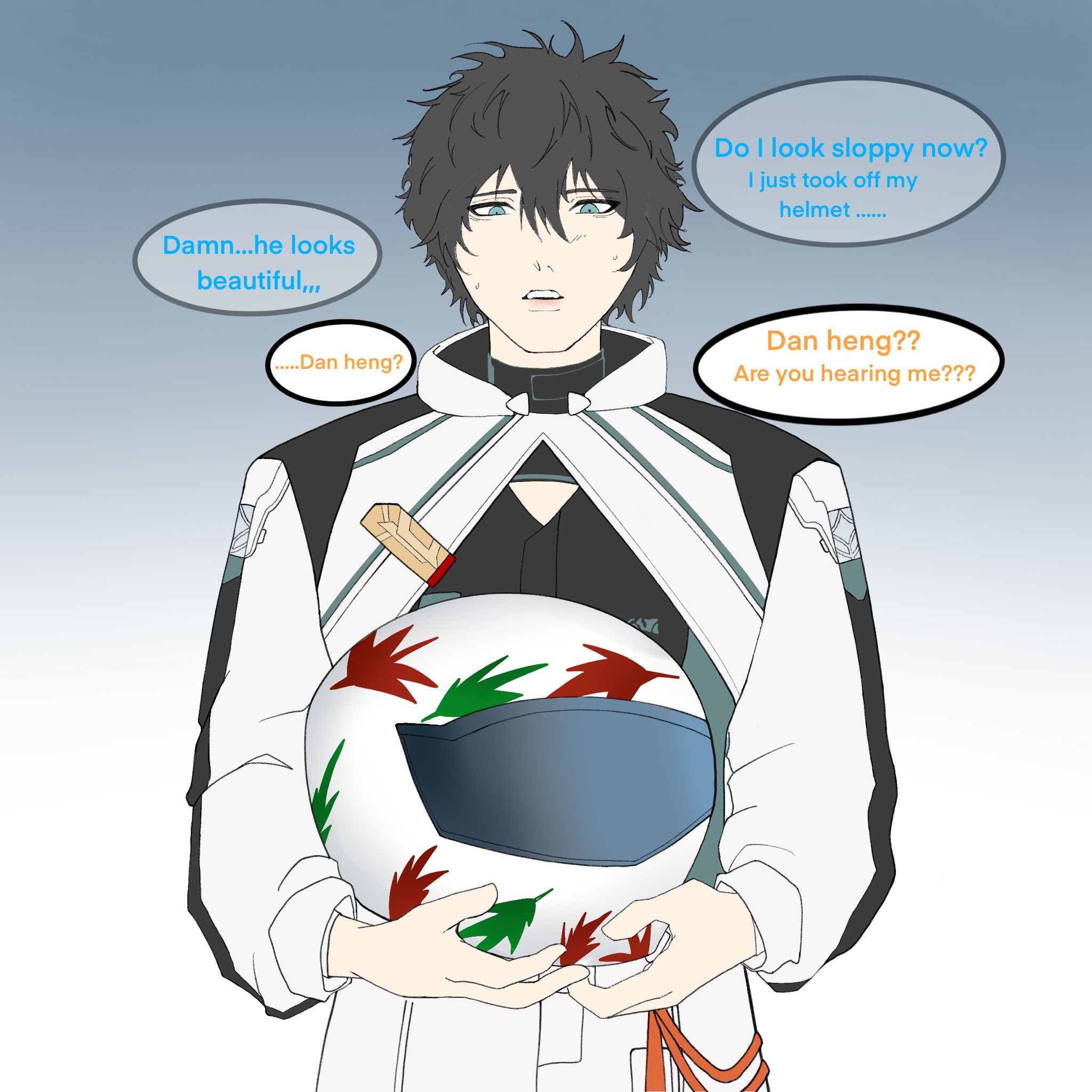 the image is of an anime character with black hair and white clothing. he is holding a white helmet with red and green designs. he is looking at the viewer with a confused expression. in the image, there are speech bubbles with text that appears to be from a conversation.  the image's background is a grey/white gradient.