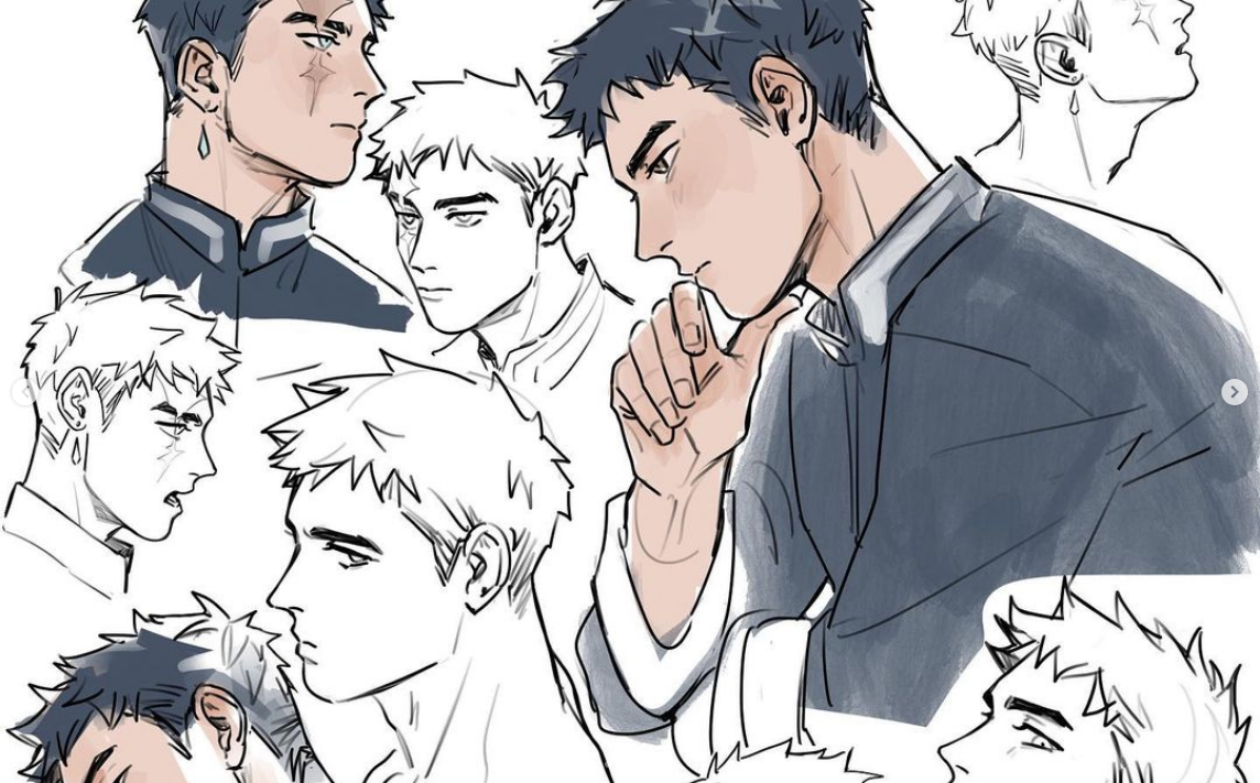 this image is a digital illustration featuring multiple sketches of the same male character in various angles and expressions. the character is depicted with short, spiky hair and a serious expression. he appears to be wearing a highcollared uniform, common in anime and manga. the style is reminiscent of japanese comic art, with a focus on linework and shading to create volume.