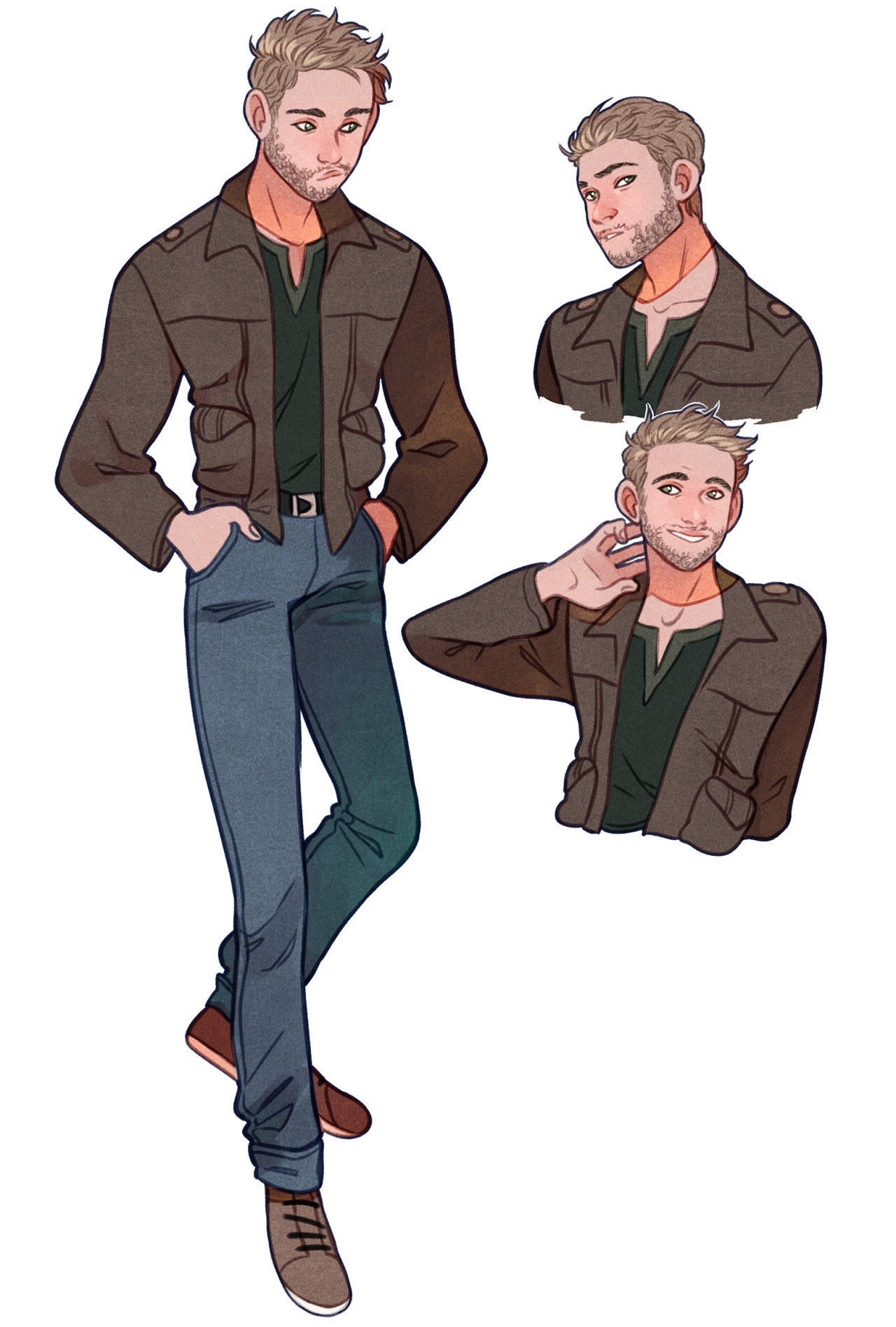 the image showcases three different views of the same young man. he is casually dressed in a green vneck shirt, brown jacket, blue jeans, and brown shoes. he has short, blonde hair and light stubble. the poses and expressions suggest a confident and friendly demeanor. the style is a digital illustration with a focus on character design and fashion.