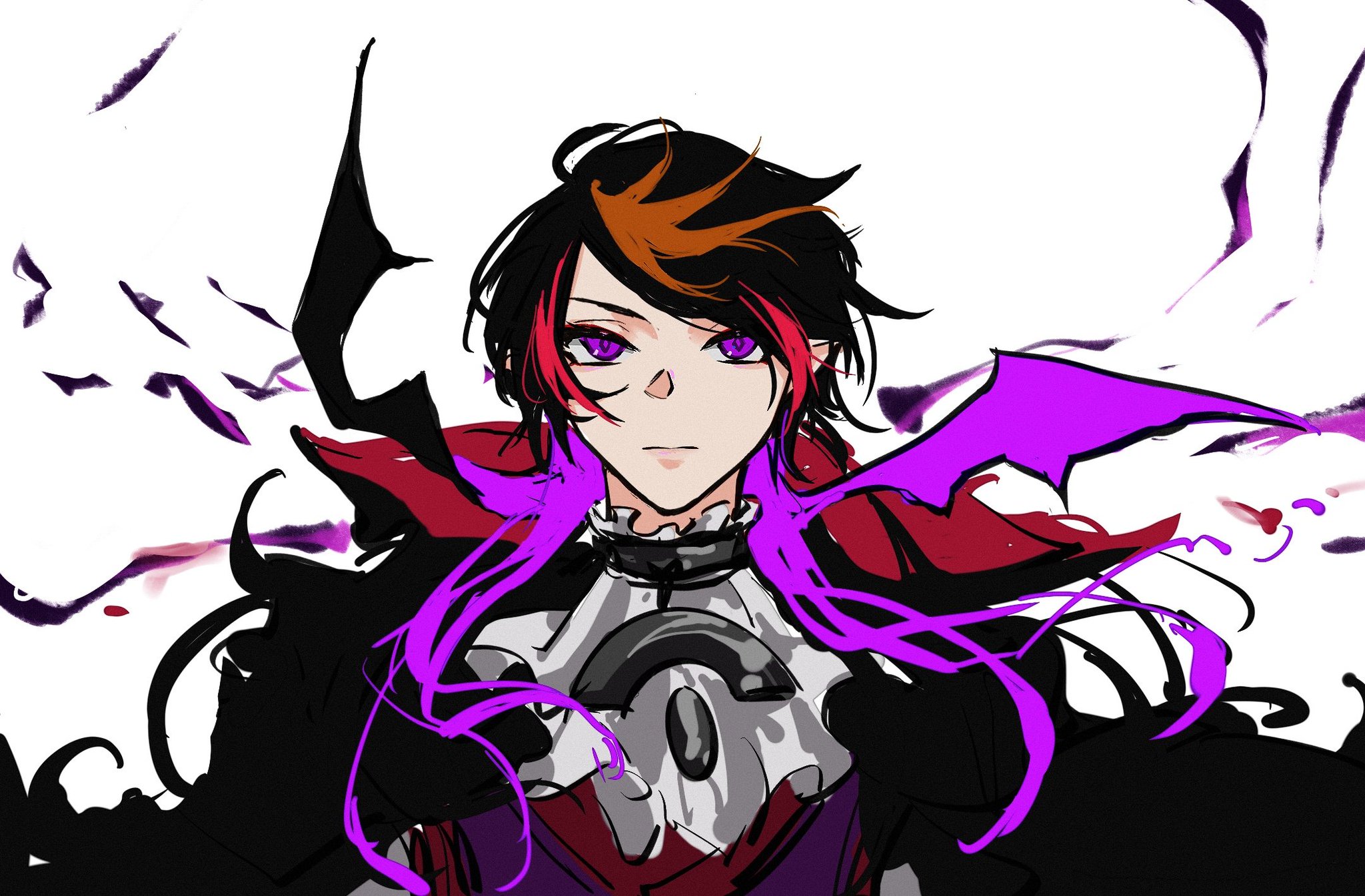 this is a digital art illustration of an anime character. the character has dark purple wings, black and purple hair, red and black clothes, and they are standing with their arms crossed. the background is white with purple and black shapes. the character looks serious and determined.