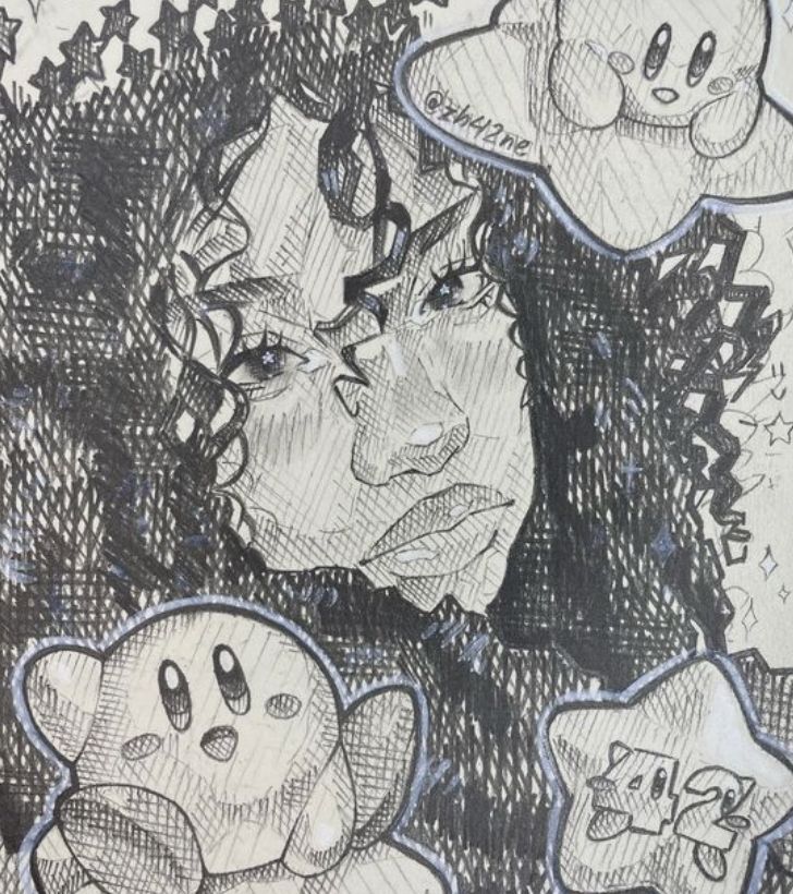 a detailed pen and ink sketch of a woman with voluminous curly hair.  the style is expressive and textured, utilizing crosshatching and shading to create depth and form. the woman's face is the central focus, with her expression appearing thoughtful or serious.  surrounding her are various illustrations of kirby characters from the nintendo franchise, adding a playful and whimsical element to the piece. the background is adorned with simple star shapes. the overall aesthetic is a blend of detailed realism in the portrait and a cartoonish style in the kirby characters. the drawing showcases a skillful use of pen technique to create both smooth and rough textures.