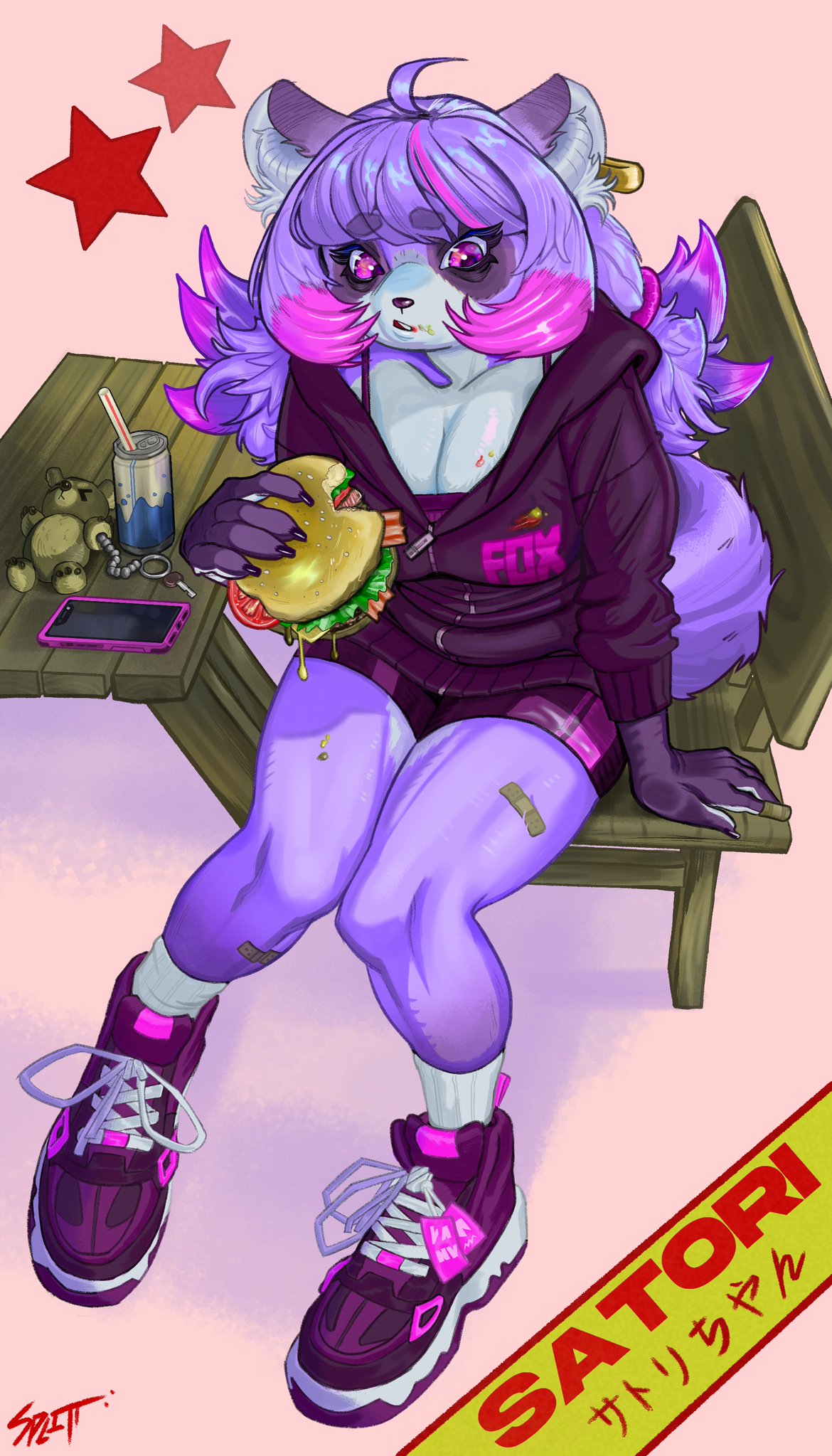 a purple furry girl, wearing a purple hoodie, is sitting on a chair in a park, eating a burger. she is smiling as she eats, and it looks like she is having a good time. the image is brightly colored and cheerful, with a lot of detail in the fur, clothing, and food.