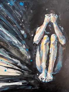 an abstract painting of a nude figure sitting with their hands covering their face. the figure is painted in white and blue hues against a dark background. the painting is expressive and emotional, suggesting feelings of vulnerability, loneliness, and despair. the background is painted with swirling brushstrokes in black, white, and blue, creating a sense of movement and depth. the painting is open to interpretation, but it could be seen as a representation of the human condition, the struggle to find meaning in a chaotic world.