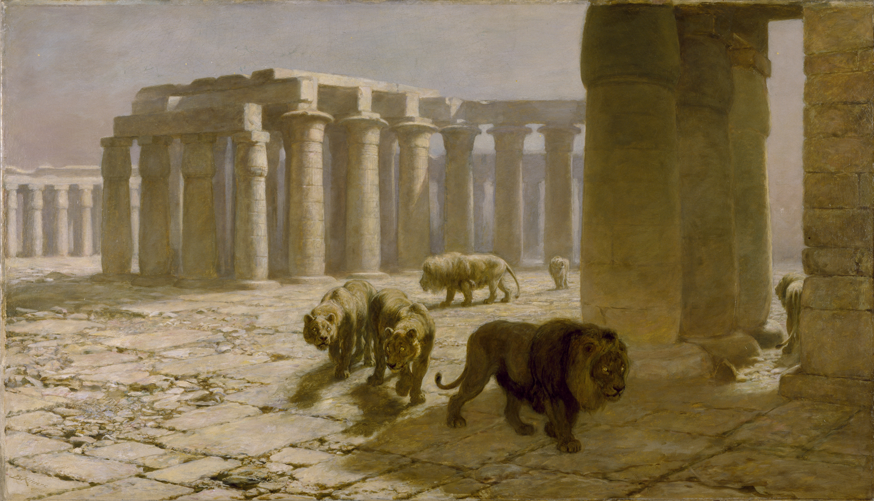 this is a painting of lions in an ancient egyptian temple. the temple is in ruins, with columns still standing but the roof partially collapsed. several lions are walking around the temple, some of them looking directly at the viewer. the painting has a muted color palette and a realistic style.