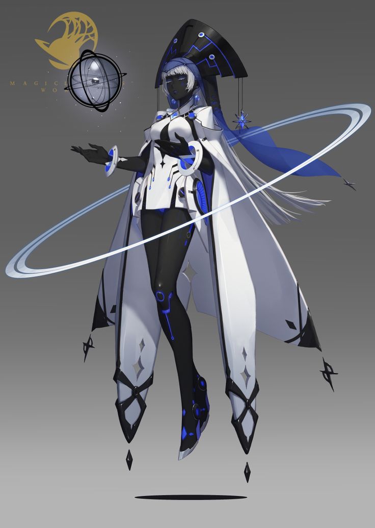 a digital illustration depicting a young woman with white hair, white and blue clothes, black skin, and blue eyes. she is levitating with a circular object floating in front of her and her clothing has a futuristic design. the background is a gray gradient with a black oval shape on the bottom.
