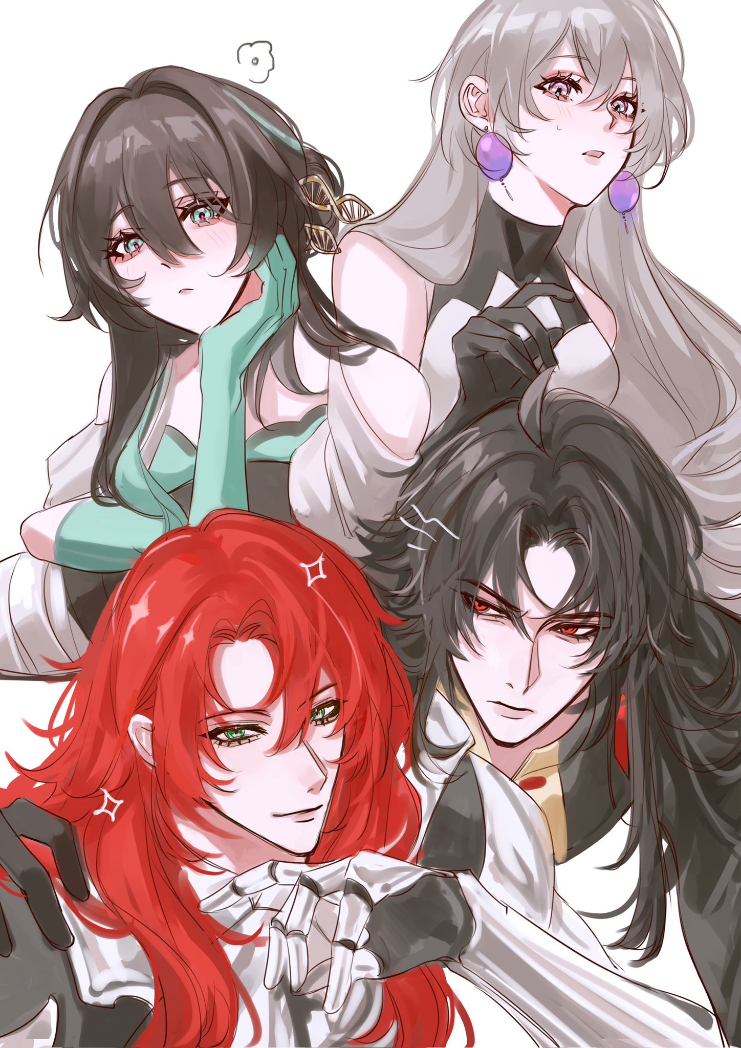 this is a digital drawing of four anime characters, two female characters and two male characters, with a background of white. the character on the far right is a female with long white hair. the character on the far left is a male with long red hair. the female character in the middle of the image is wearing white and black clothing. the male character in the middle is also wearing black and white clothing.