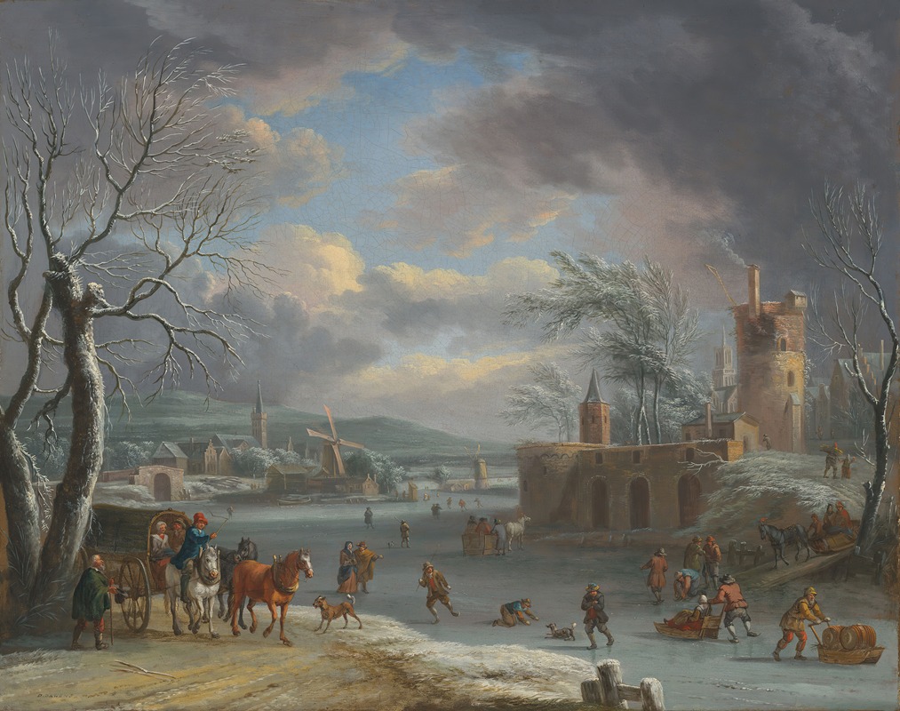 a dutch golden age style painting depicts a bustling winter scene in a village. figures are ice skating, riding in horsedrawn carriages, and walking along a frozen river. a windmill and a tower are visible in the background, with bare trees framing the composition. the sky is filled with clouds, suggesting a cold and wintry atmosphere.