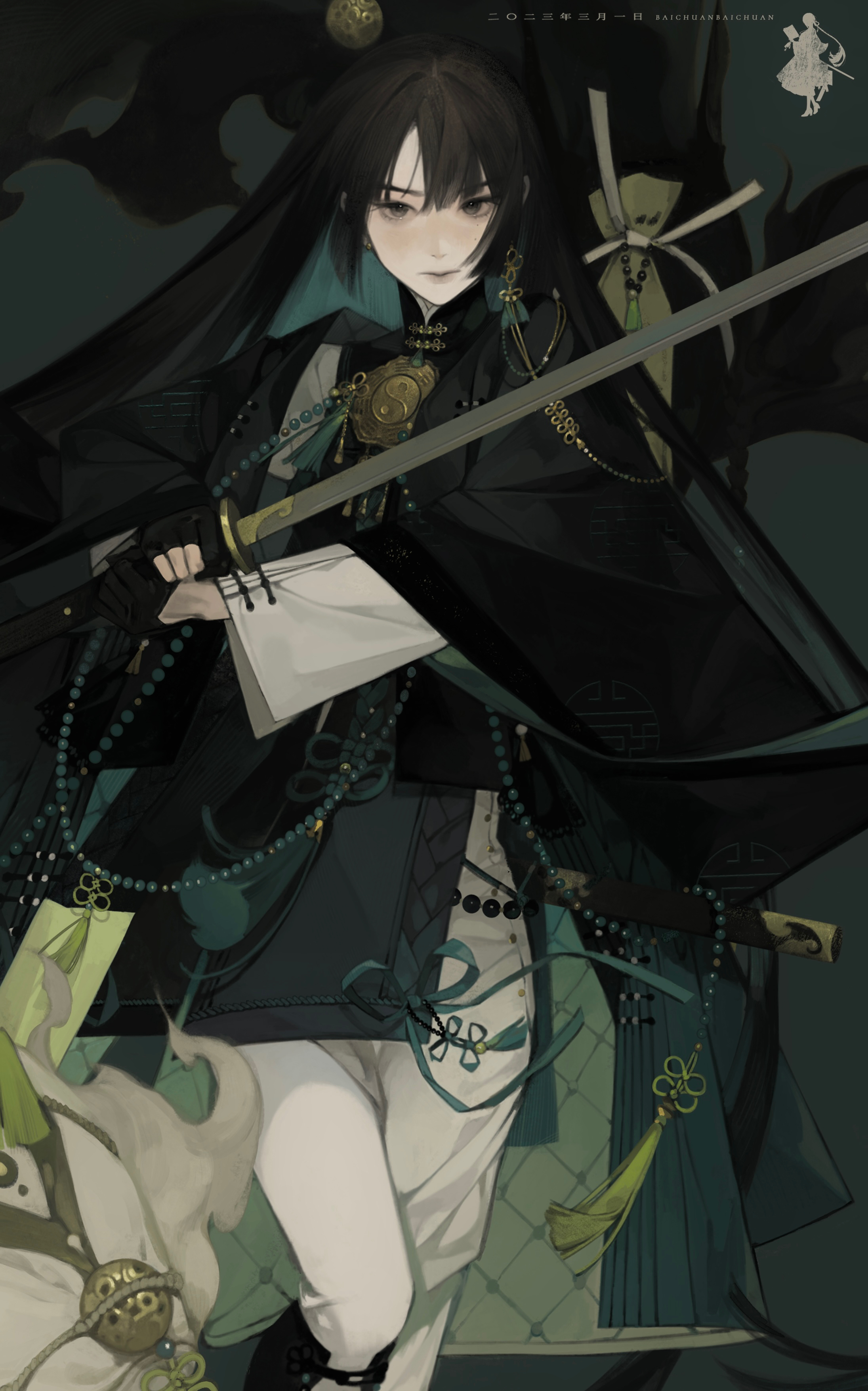 an anime girl with black hair is holding a katana sword with one hand. she's wearing a black, white, and green kimono with traditional japanese embellishments. her white pants are visible beneath the kimono. the background is dark and shadowy, and there are some hints of green and gold.