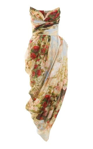 a strapless dress with a floral pattern, featuring a draped design.