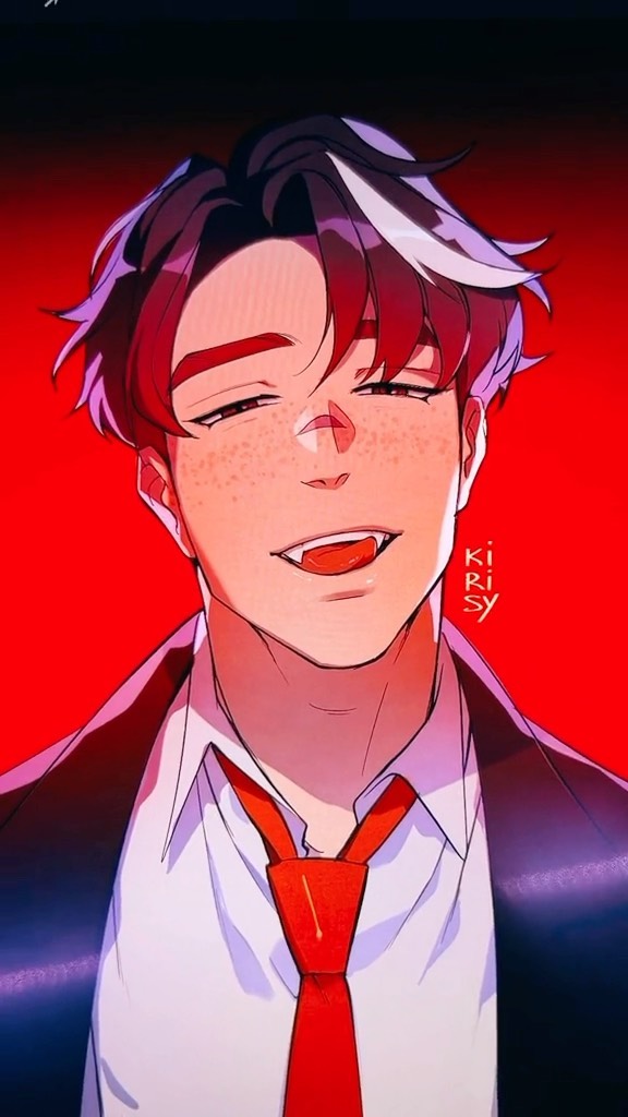 the image is a digital painting of a young animestyle man. he has reddishpurple hair with a streak of white,  freckles, and a sly, almost seductive smirk revealing slightly visible fangs. his expression hints at mischievousness or even a hint of danger. he's dressed in a sharp dark suit and a red tie, adding to his sophisticated and somewhat mysterious aura.  the background is a solid, vibrant red, which contrasts with his skin and clothing, drawing focus to the character. the art style is clean and detailed with expressive use of light and shadow. the artist's signature, "kkirisy," is subtly placed in the image. the overall mood is stylish, confident, and slightly dark.