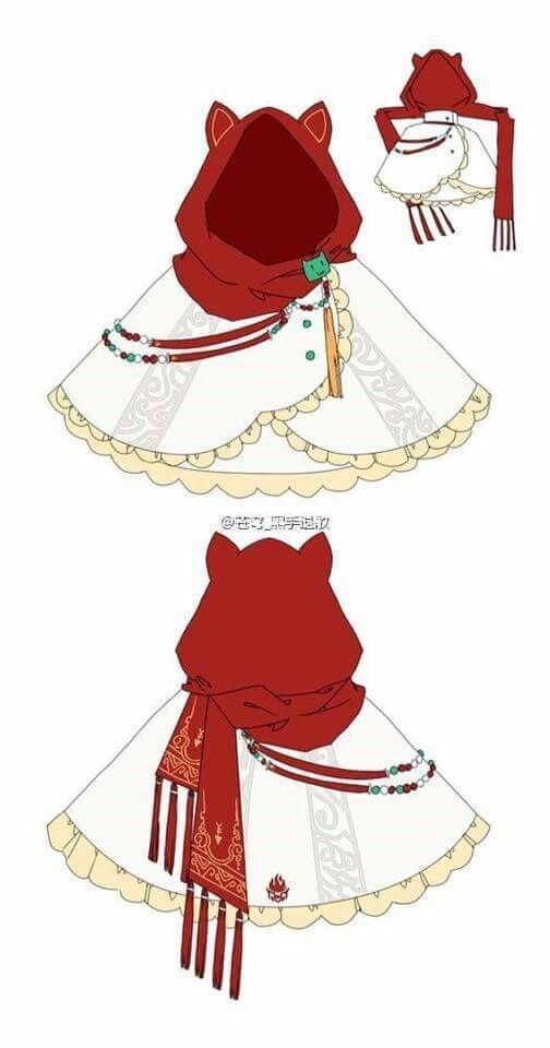 a fashion design illustration featuring a white cape with red lining and hood, adorned with a long red scarf and intricate details. the cape is designed with a playful, animalinspired aesthetic, incorporating cat earlike points on the hood.