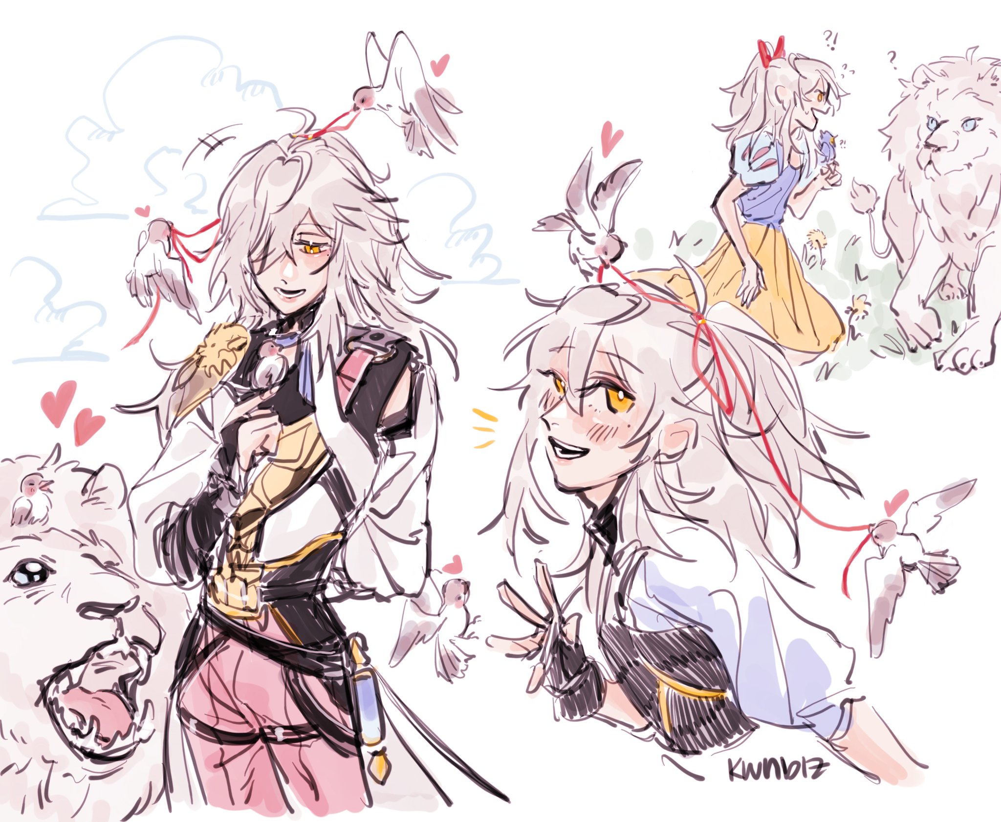 this is a drawing of two anime characters, one with long white hair and the other with shorter white hair,  both wearing similar outfits with red ribbons tied around their hair. the characters are surrounded by small white birds with red string on their legs and are looking at each other. there is also a white lion in the background on the right.