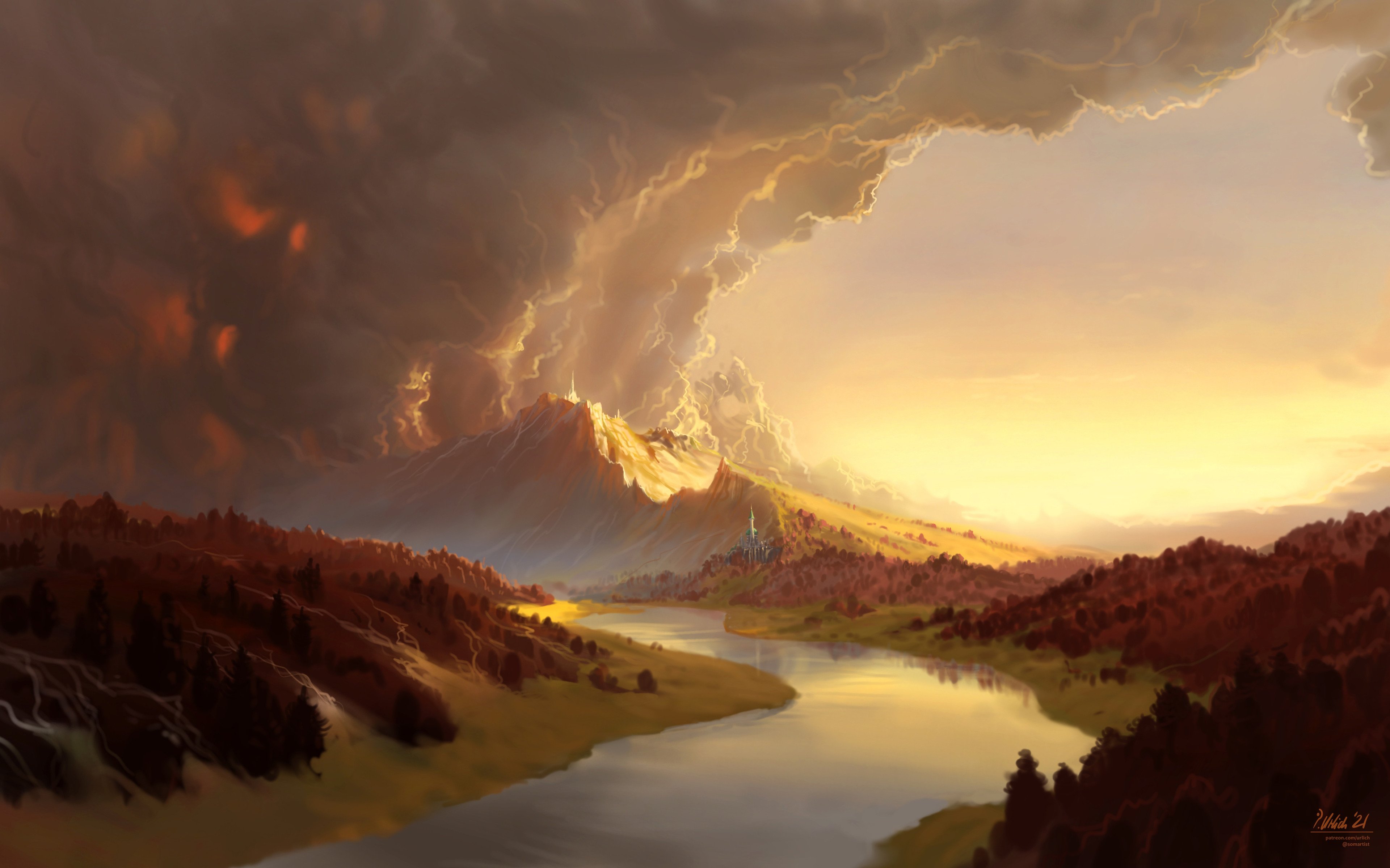 the image is a digital painting depicting a fantasy landscape. a meandering river flows through a valley, surrounded by rolling hills dotted with dark green trees.  in the distance, a majestic mountain range rises, with a castle perched atop one of the peaks.  a dramatic, yet beautiful, sky dominates the upper portion of the image, filled with dark, storm clouds that are lit from beneath by the golden light of a setting sun, creating a striking contrast between light and shadow. the overall mood is one of serene beauty and quiet magic.