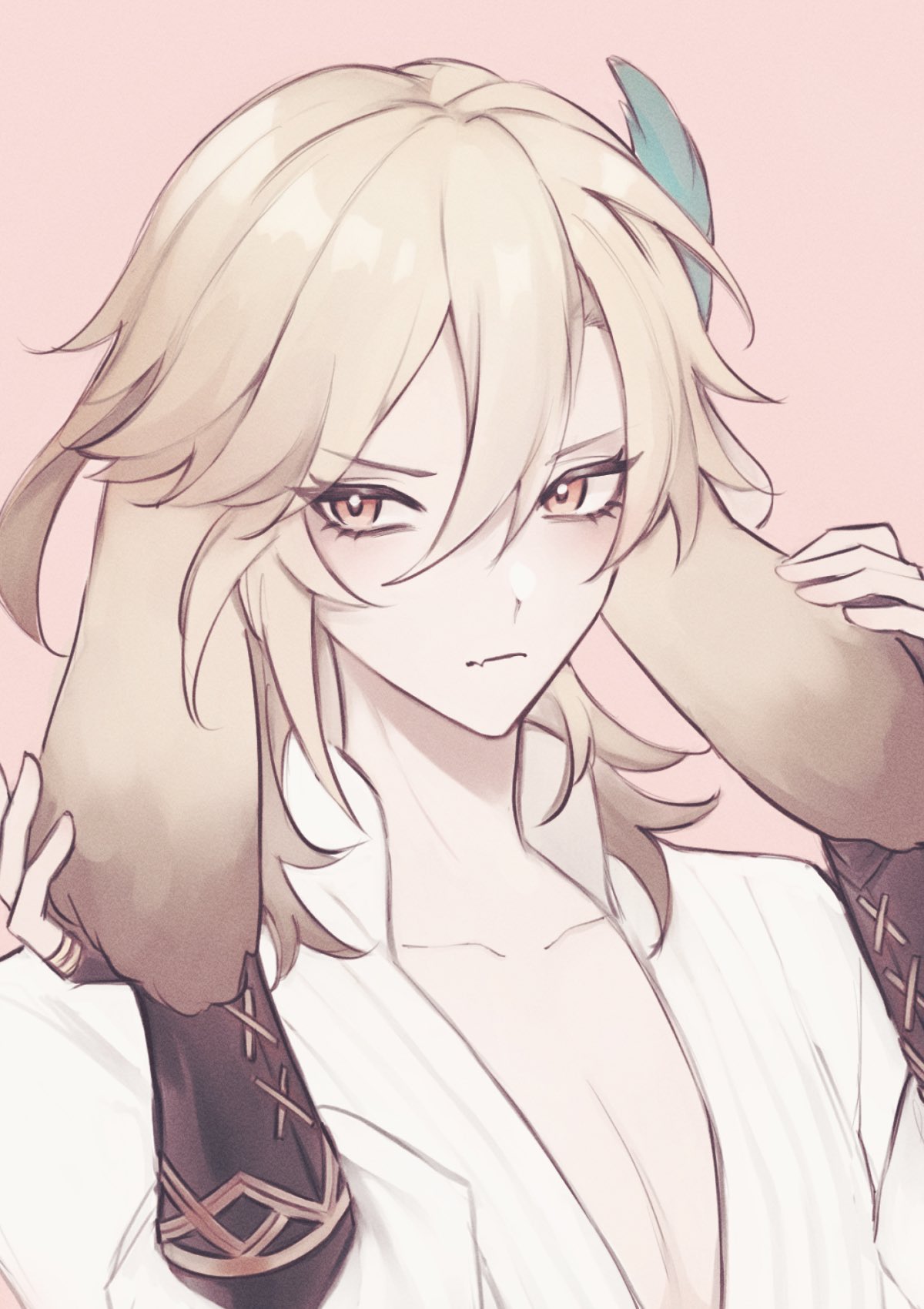 this is a digital drawing of an anime boy with blond hair. he is wearing a white shirt and has a serious look on his face. the background is a soft pink.  he has sharp facial features and his eyes are closed. his hair is long and flowing. there is a feather coming out of his hair on the right side. his left arm is wrapped in a dark brown fabric.  he is looking directly at the viewer.