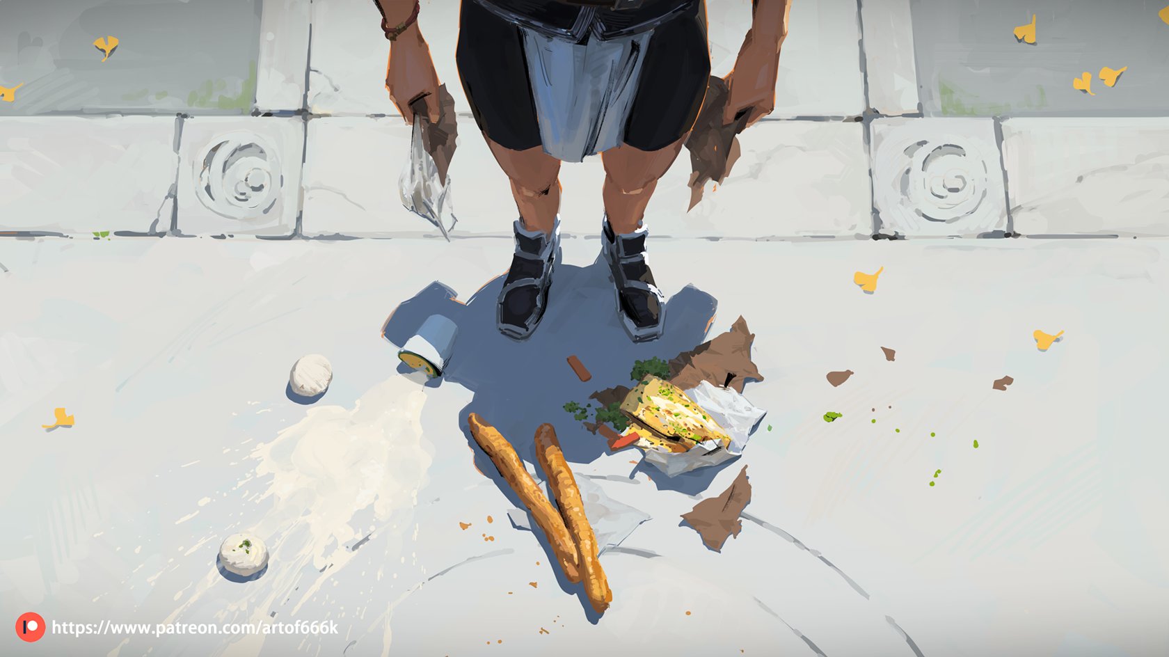 a digital painting or illustration shows a woman standing on a light grey sidewalk, viewed from directly overhead.  she's wearing dark clothing and boots and appears to have dropped or spilled a significant amount of food: a sandwich, breadsticks, and what seems to be spilled sauce or liquid. there are also fallen leaves on the sidewalk around her and bits of trash. the scene suggests a moment of accidental mess or carelessness.  the artist's patreon information is visible in the bottom left corner.