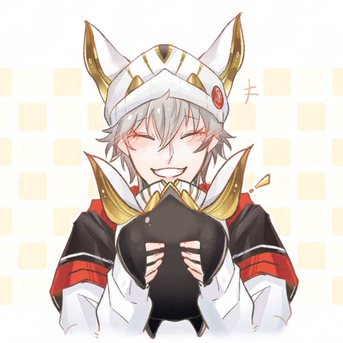 the image is a digital illustration of an anime boy with white hair. he is smiling and holding a black mask in front of him. he is wearing white and red clothes. the background is a checkered pattern of yellow and white squares. the image is drawn in a cute style.