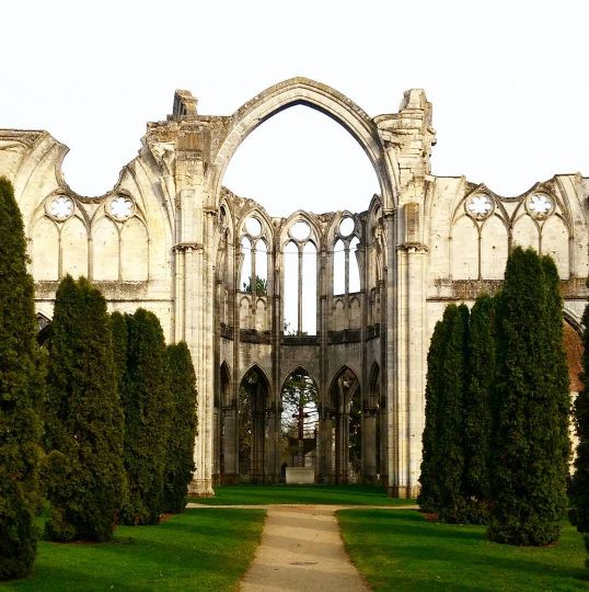 the image shows the impressive ruins of st. catherine's monastery in haapsalu, estonia.  the photograph focuses on the remaining stone walls and arches of the abbey, showcasing the gothic architectural style.  large arched windows are visible, although mostly empty now. the ruins are surrounded by a wellmaintained lawn with neatly planted evergreen trees flanking a pathway leading toward the central part of the structure. the sky is bright, indicating it's likely daytime, and the sunlight illuminates the scene. the overall impression is one of serene beauty and historical significance.