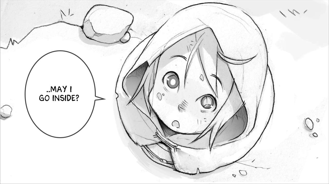 a black and white illustration shows a young girl with wide eyes peering up from a hole in the snow. her head and the upper part of her body are visible, while the rest of her is concealed within the hole.  a thought bubble above her head reads, "…may i go inside?" the girl's expression conveys a mix of curiosity and apprehension.
